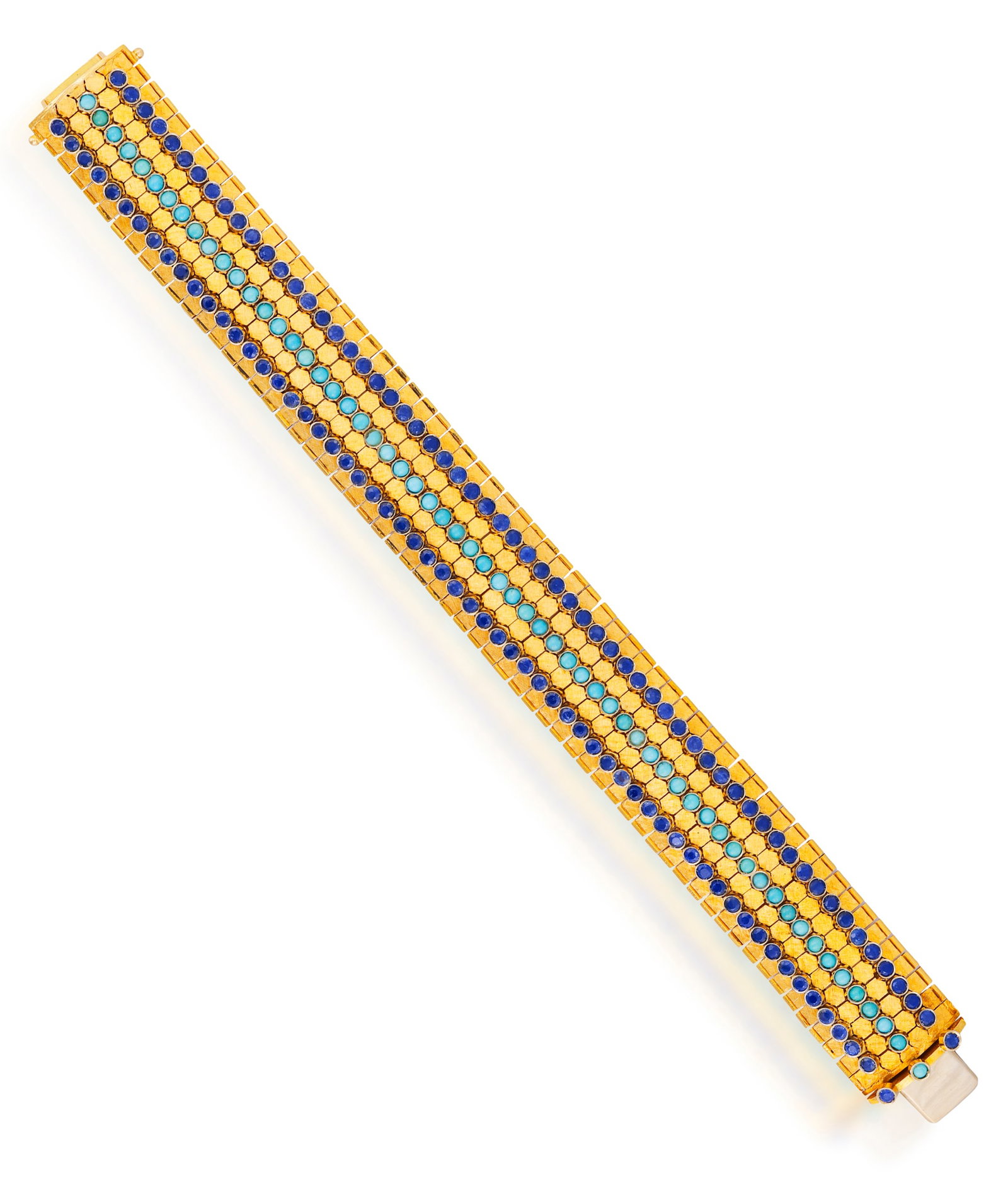 A RETRO SAPPHIRE AND TURQUOISE BRACELET, ITALIAN, CIRCA 1955 Of articulated textured gold design,: A RETRO SAPPHIRE AND TURQUOISE BRACELET, ITALIAN, CIRCA 1955 Of articulated textured gold design, centring a line of round-shaped turquoise cabochons, between honeycomb link borders and circular-cut s