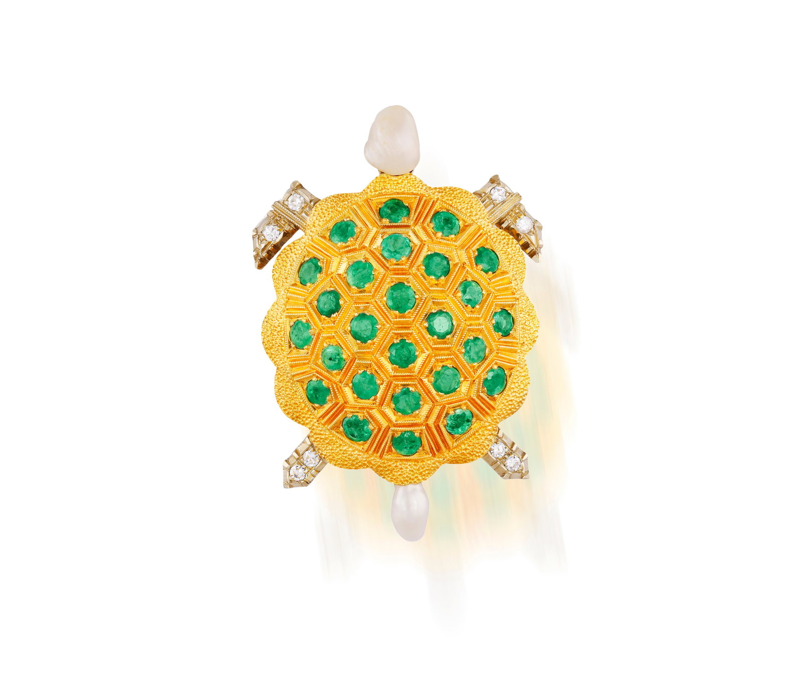 GÜBELIN: AN EMERALD, PEARL AND DIAMOND NOVELTY BROOCH, CIRCA 1950 Designed as a stylised: GÜBELIN: AN EMERALD, PEARL AND DIAMOND NOVELTY BROOCH, CIRCA 1950 Designed as a stylised turtle with circular-cut emerald shell within textured gold and millegrain-setting, single-cut diamond fli