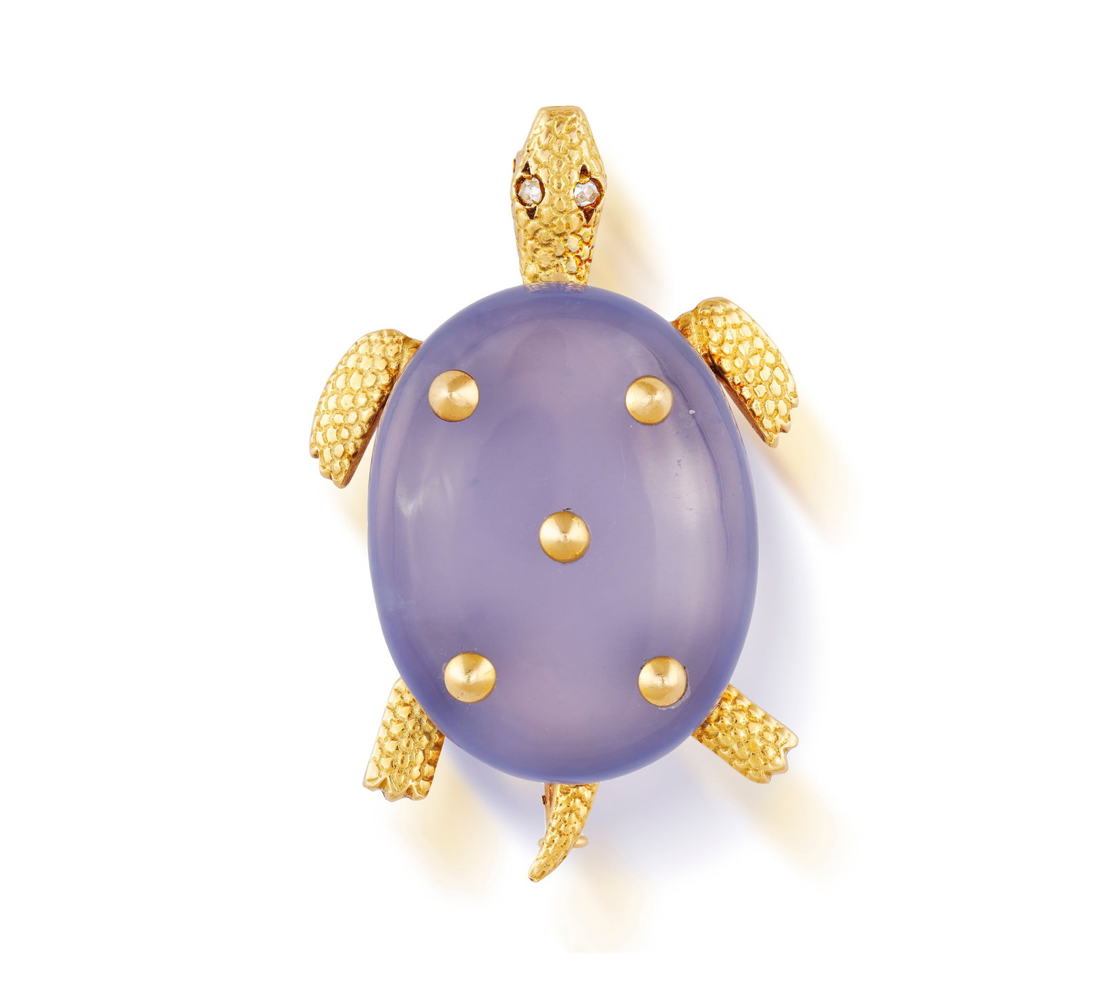 CHAUMET: A CHALCEDONY AND DIAMOND BROOCH, CIRCA 1960 Designed as a stylised turtle with polished (1 of 6)