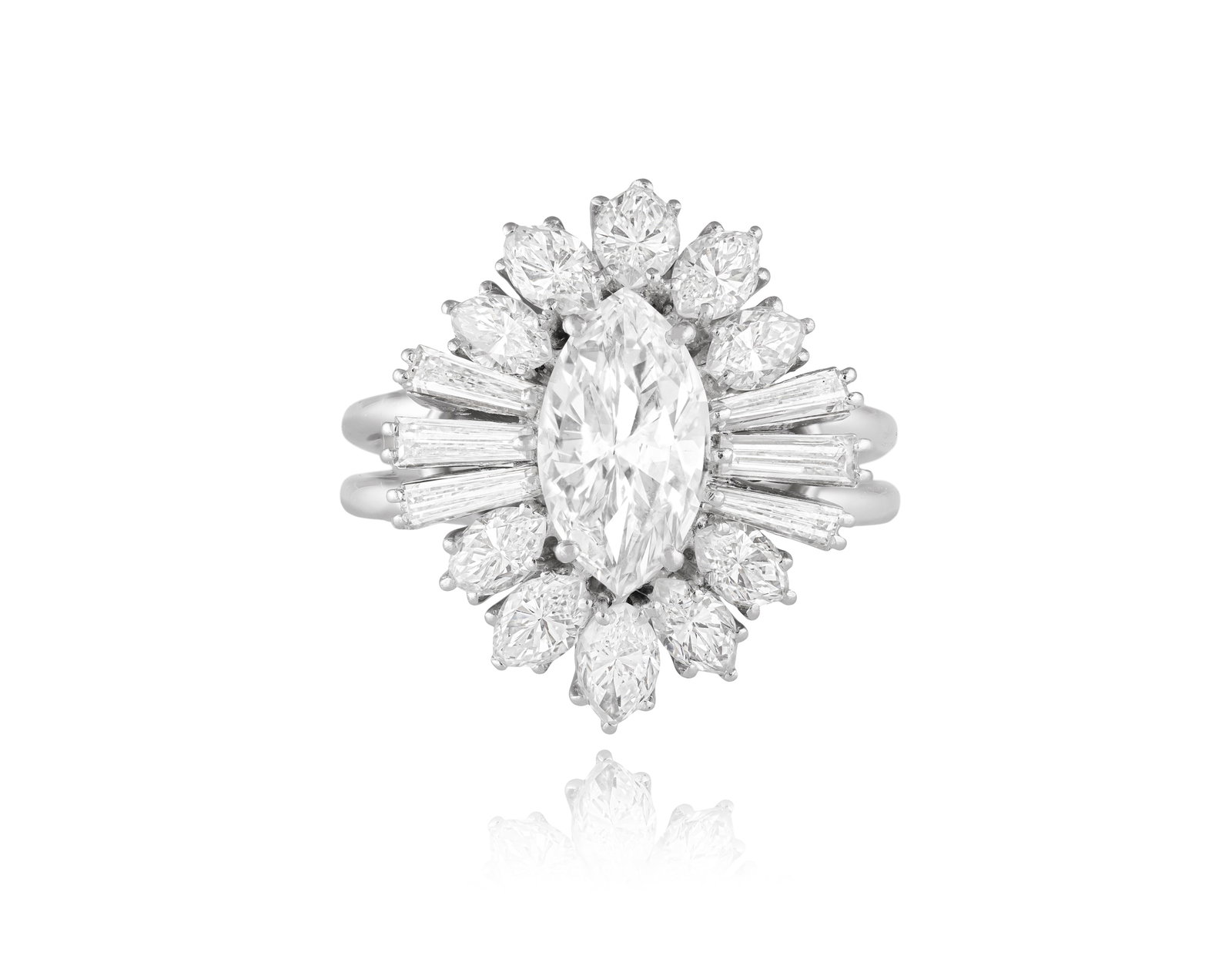 A DIAMOND DRESS RING, CIRCA 1960 Centrally set with an old marquise-shaped diamond weighing: A DIAMOND DRESS RING, CIRCA 1960 Centrally set with an old marquise-shaped diamond weighing approximately 1.20cts, within a surround of marquise and tapered baguette-cut diamonds, mounted in 18K gold,