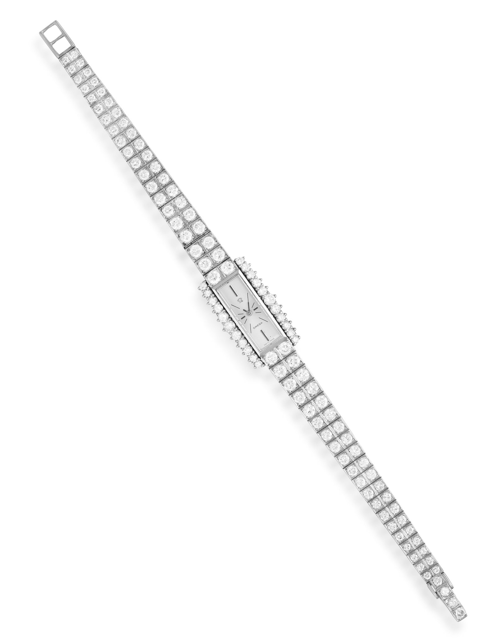 OMEGA: A LADY'S DIAMOND COCKTAIL WATCH, CIRCA 1960 Of manual wind movement, the rectangular silver: OMEGA: A LADY'S DIAMOND COCKTAIL WATCH, CIRCA 1960 Of manual wind movement, the rectangular silver dial with black batons for hours and black painted hands, case with crown on back, brilliant-cut diam