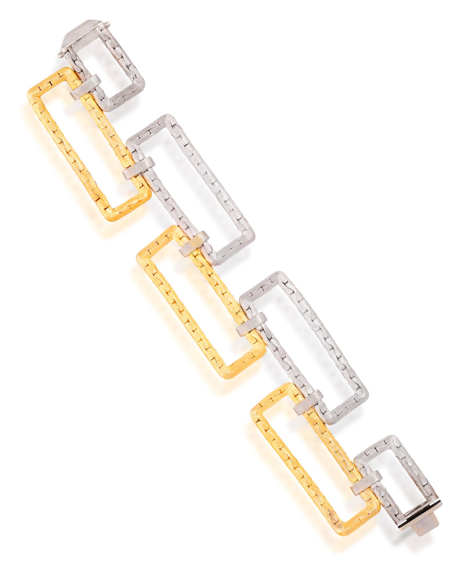 A RETRO GOLD BRACELET, ITALIAN, CIRCA 1960 Of geometric bi-coloured design, composed of textured (1 of 3)