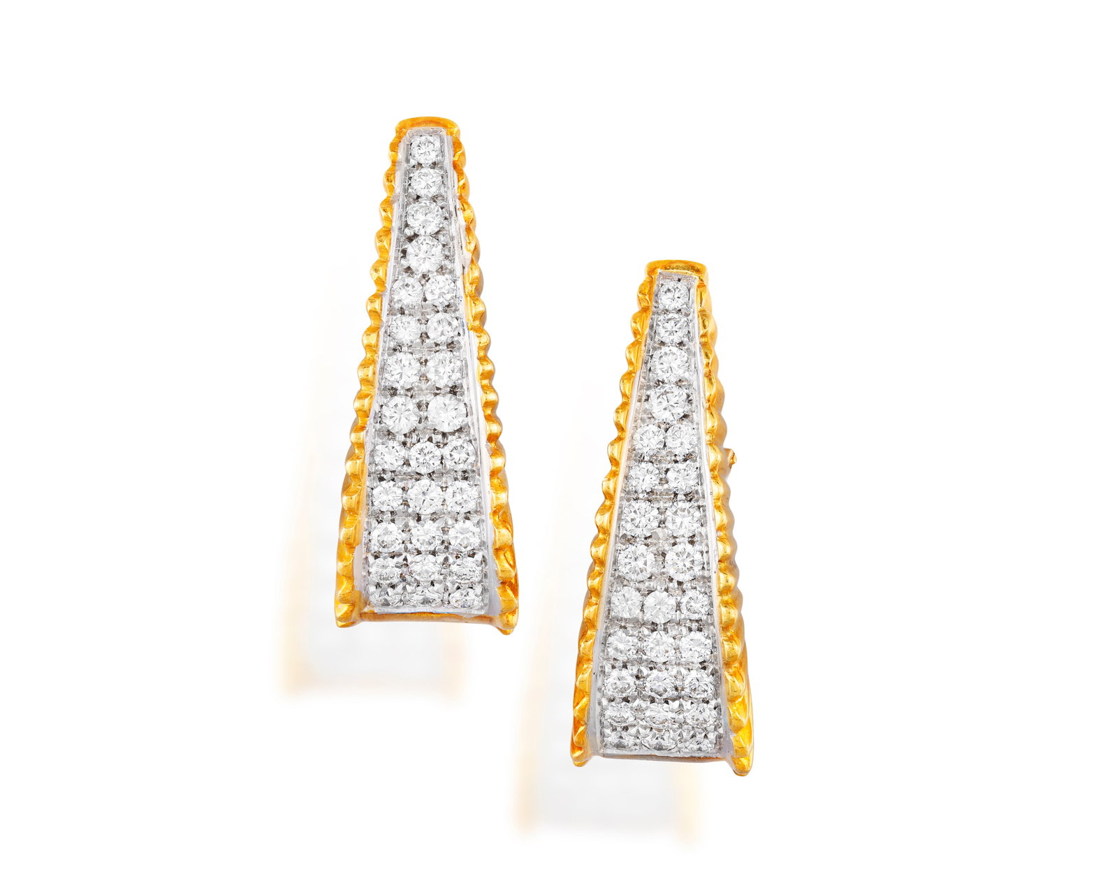 A PAIR OF DIAMOND EARRINGS Of hoop design, the front pavé-set with brilliant-cut diamonds,: A PAIR OF DIAMOND EARRINGS Of hoop design, the front pavé-set with brilliant-cut diamonds, between fluted borders, mounted in 18K gold, diamonds approximately 2.80cts total, Italian registry mark