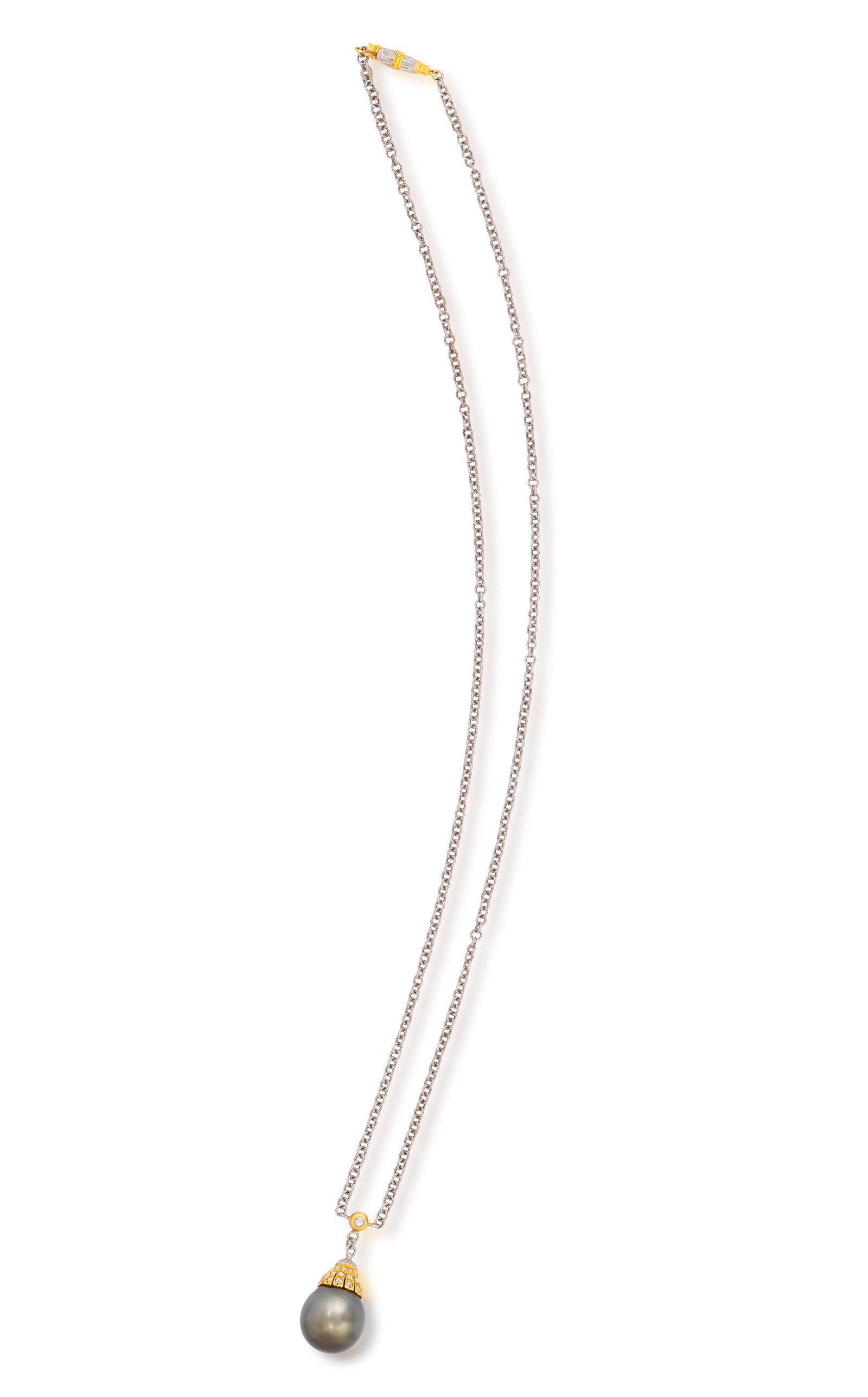 GIANMARIA BUCCELLATI: A CULTURED PEARL AND DIAMOND PENDANT NECKLACE The Tahitian cultured pearl: GIANMARIA BUCCELLATI: A CULTURED PEARL AND DIAMOND PENDANT NECKLACE The Tahitian cultured pearl within a bi-coloured cap accented with rose-cut diamonds, suspended from a similarly-cut diamond connect