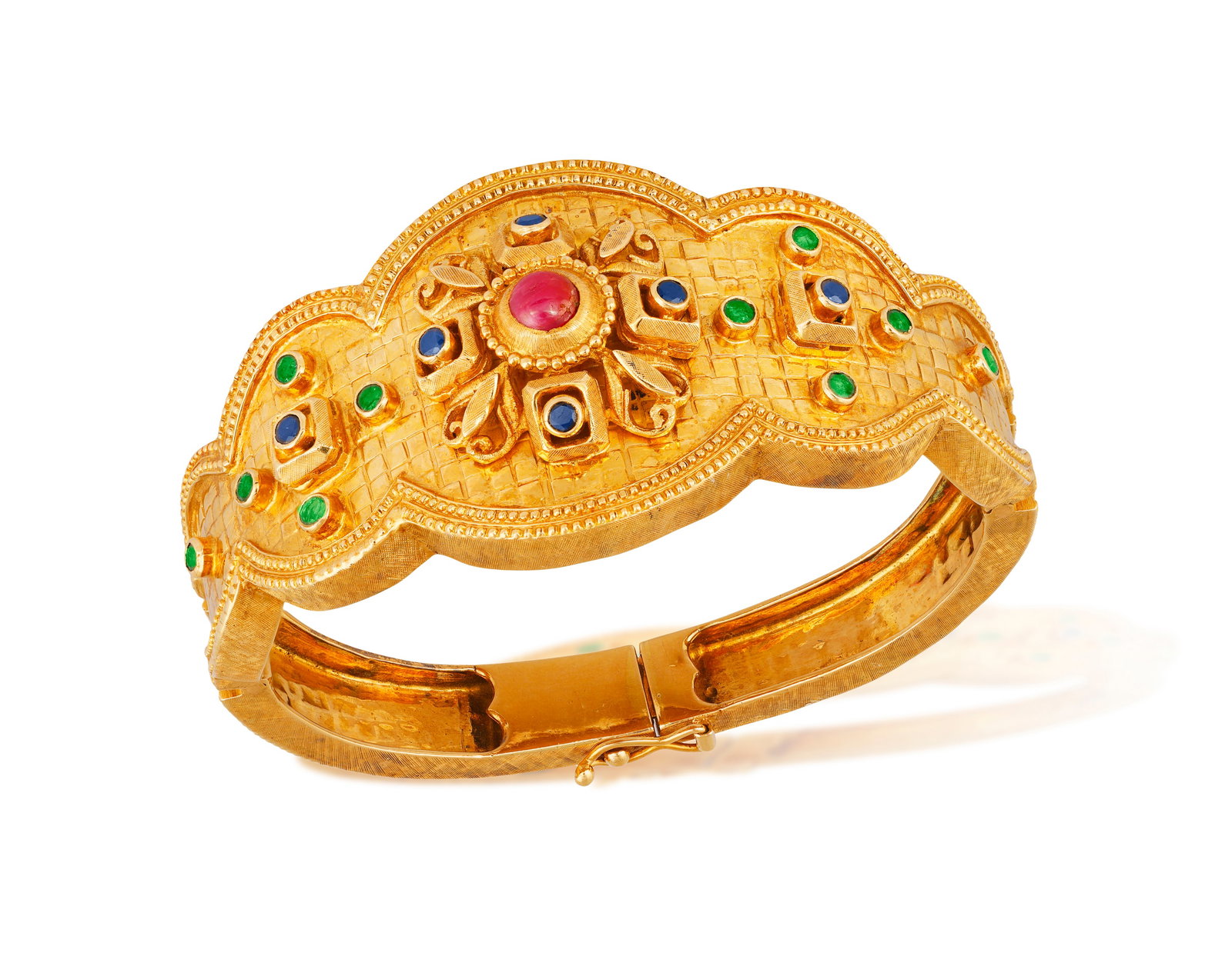 ILIAS LALAOUNIS: A GEM-SET BANGLE Of hinged design, the central scalloped bombé plaque, (1 of 4)