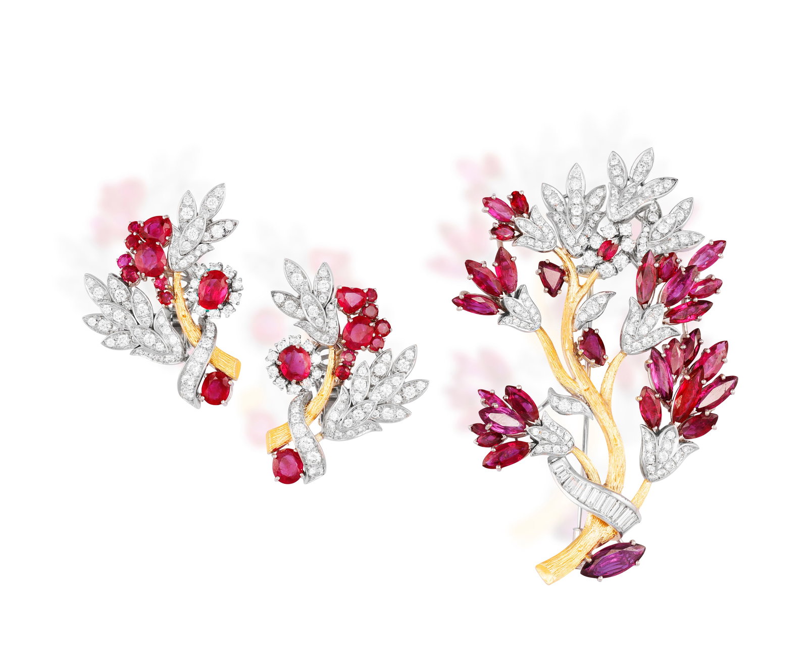MASSONI: A RUBY AND DIAMOND SPRAY BROOCH, WITH A PAIR OF EARCLIPS EN SUITE, CIRCA 1970 Comprising a: MASSONI: A RUBY AND DIAMOND SPRAY BROOCH, WITH A PAIR OF EARCLIPS EN SUITE, CIRCA 1970 Comprising a brooch designed as a flowering spray, the textured gold stem issuing branches set with marquise-shap