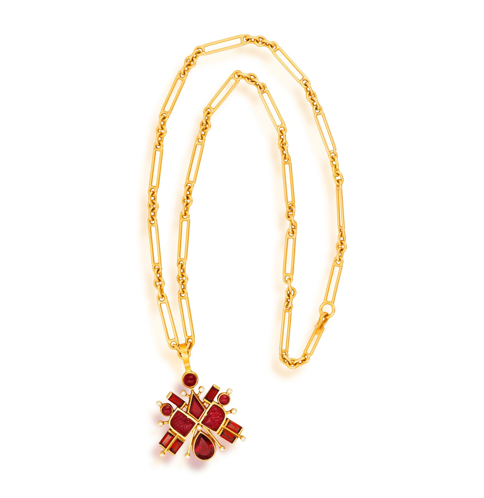 RUDOLF HELTZEL: A TOURMALINE, GARNET AND DIAMOND PENDANT ON CHAIN The fancy-link chain suspending a (1 of 5)