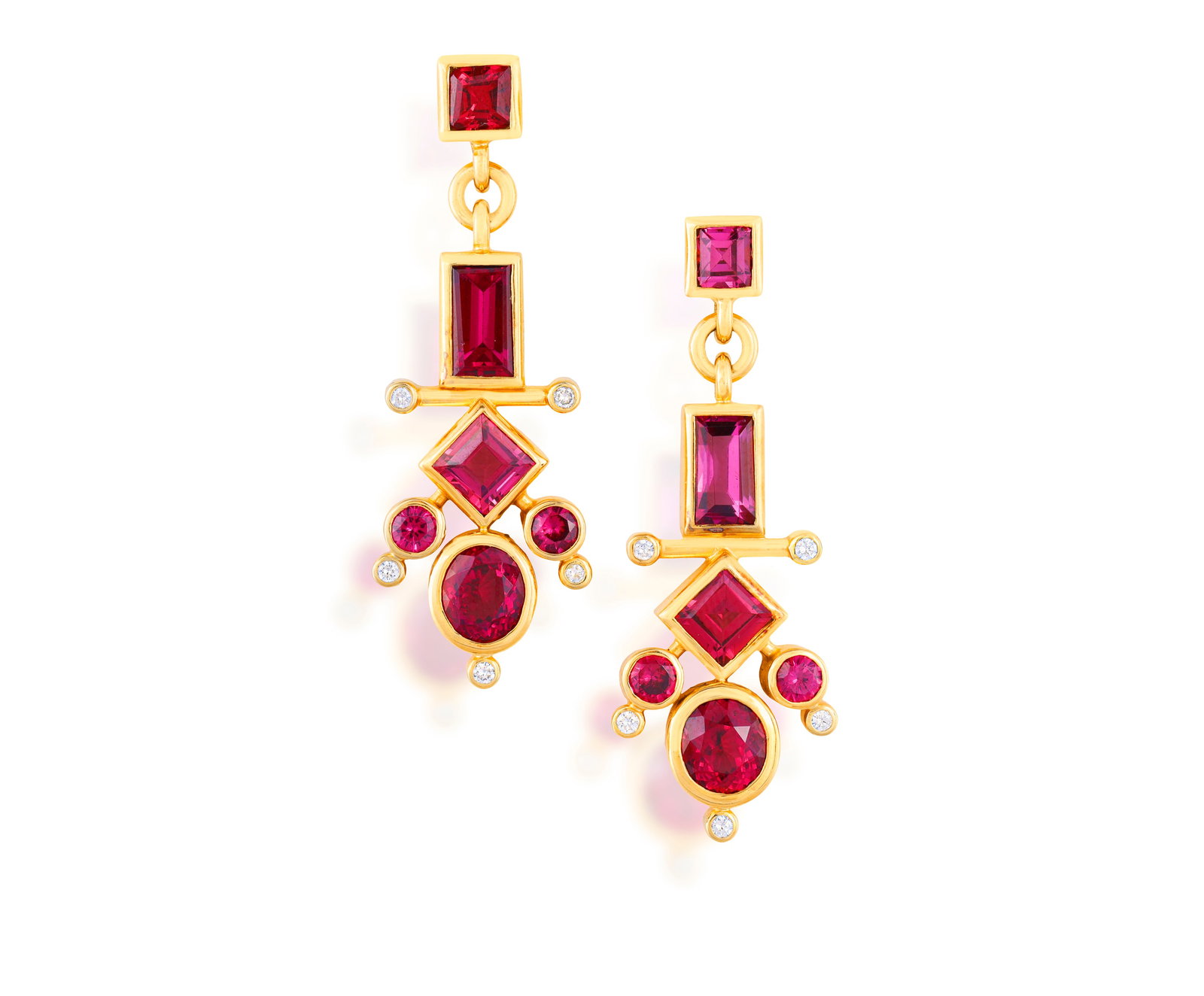 ATTRIBUTED TO RUDOLF HELTZEL: A PAIR OF TOURMALINE AND DIAMOND PENDENT EARRINGS Set throughout with (1 of 2)