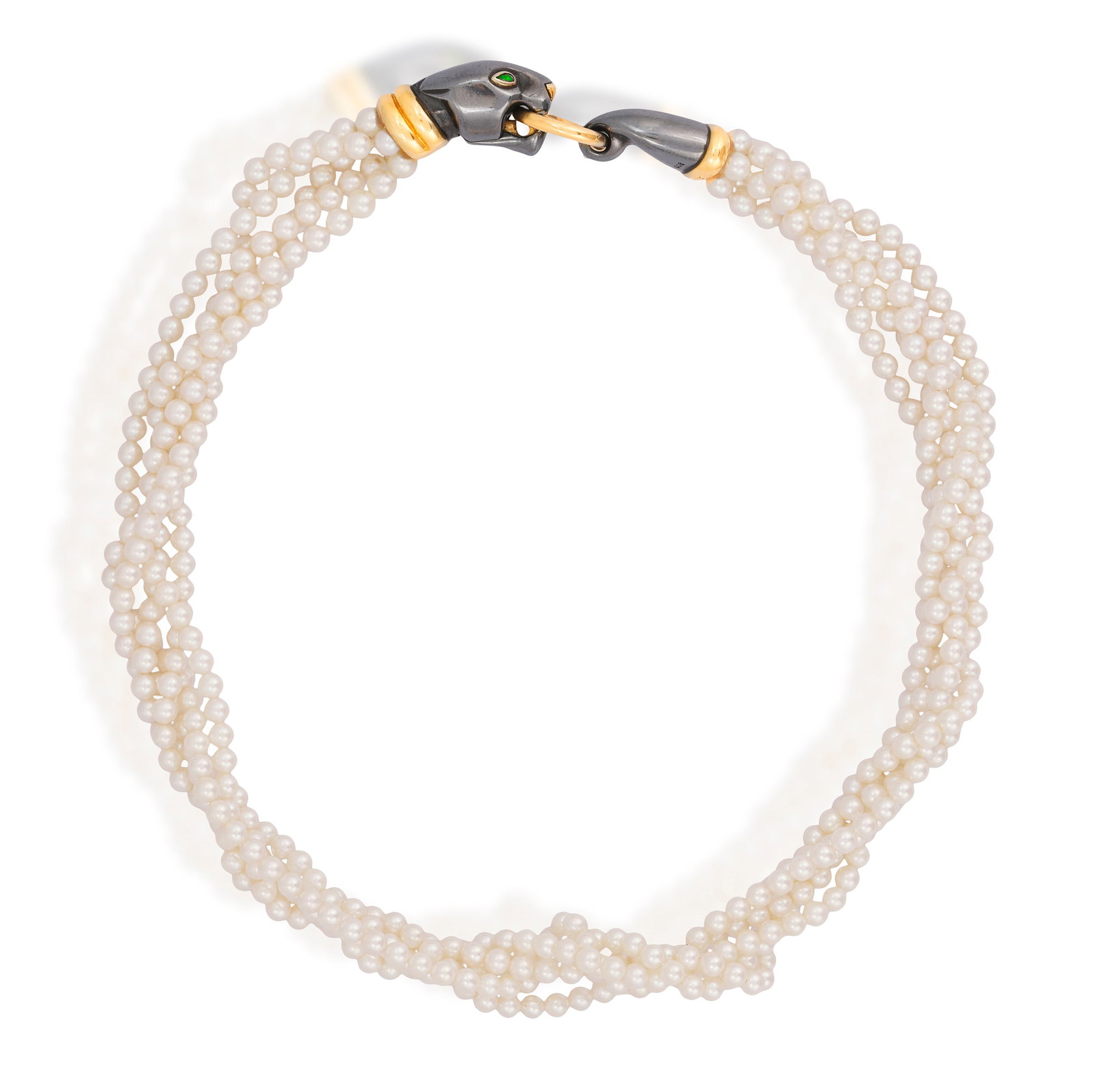 CARTIER: A 'PANTHÈRE' NECKLACE, CIRCA 1990 Composed of five strands of cultured pearls, to a: CARTIER: A 'PANTHÈRE' NECKLACE, CIRCA 1990 Composed of five strands of cultured pearls, to a silverium panther's head terminal with pear-shaped emerald eyes and circlet clasp, mounted in silveriu