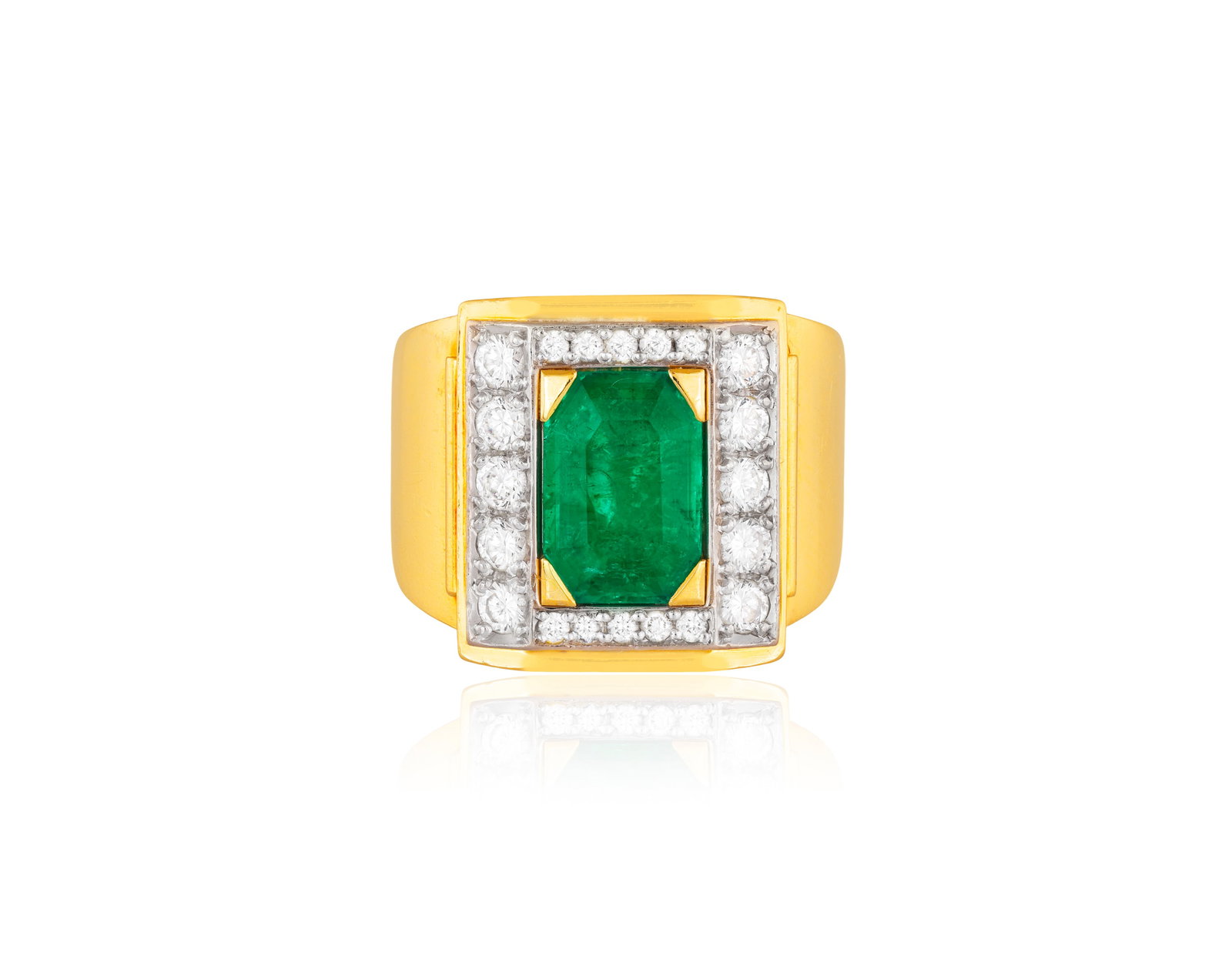 OTTO POULSEN: AN EMERALD AND DIAMOND RING The rectangular-shaped emerald at the centre, framed by: OTTO POULSEN: AN EMERALD AND DIAMOND RING The rectangular-shaped emerald at the centre, framed by brilliant-cut diamonds, between thin polished gold tubular shoulders and a tapered polished gold band,