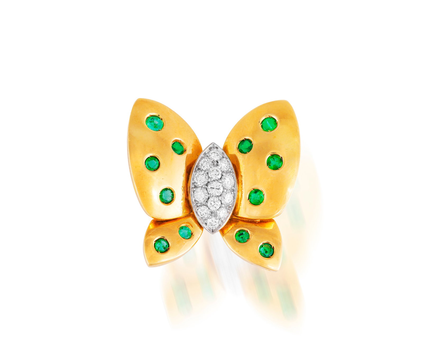 AN EMERALD AND DIAMOND BROOCH Modelled as a stylised butterfly, the body pavé-set with (1 of 3)