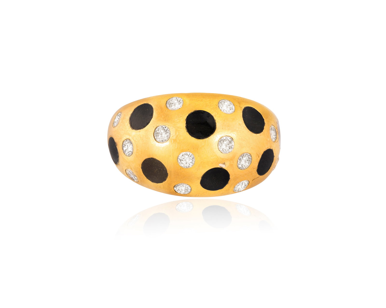 VAN CLEEF & ARPELS: AN ENAMEL AND DIAMOND RING Of bombé design, the frontispiece decorated: VAN CLEEF & ARPELS: AN ENAMEL AND DIAMOND RING Of bombé design, the frontispiece decorated with circular black enamel spots and brilliant-cut diamonds, mounted in 18K gold, signed VCA, numbered, 