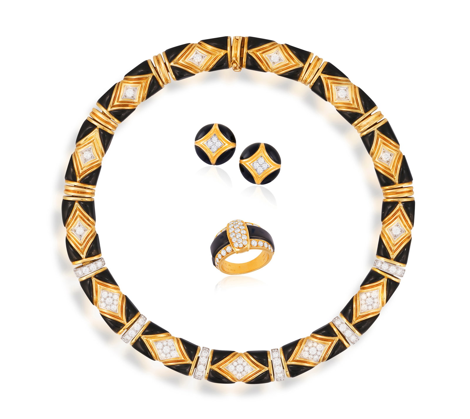 VAN CLEEF & ARPELS: AN ONYX AND DIAMOND PARURE, CIRCA 1990 Comprising a necklace, a ring and a pair: VAN CLEEF & ARPELS: AN ONYX AND DIAMOND PARURE, CIRCA 1990 Comprising a necklace, a ring and a pair of earclips, each designed as a series of onyx plaques within polished gold borders and highlighted 
