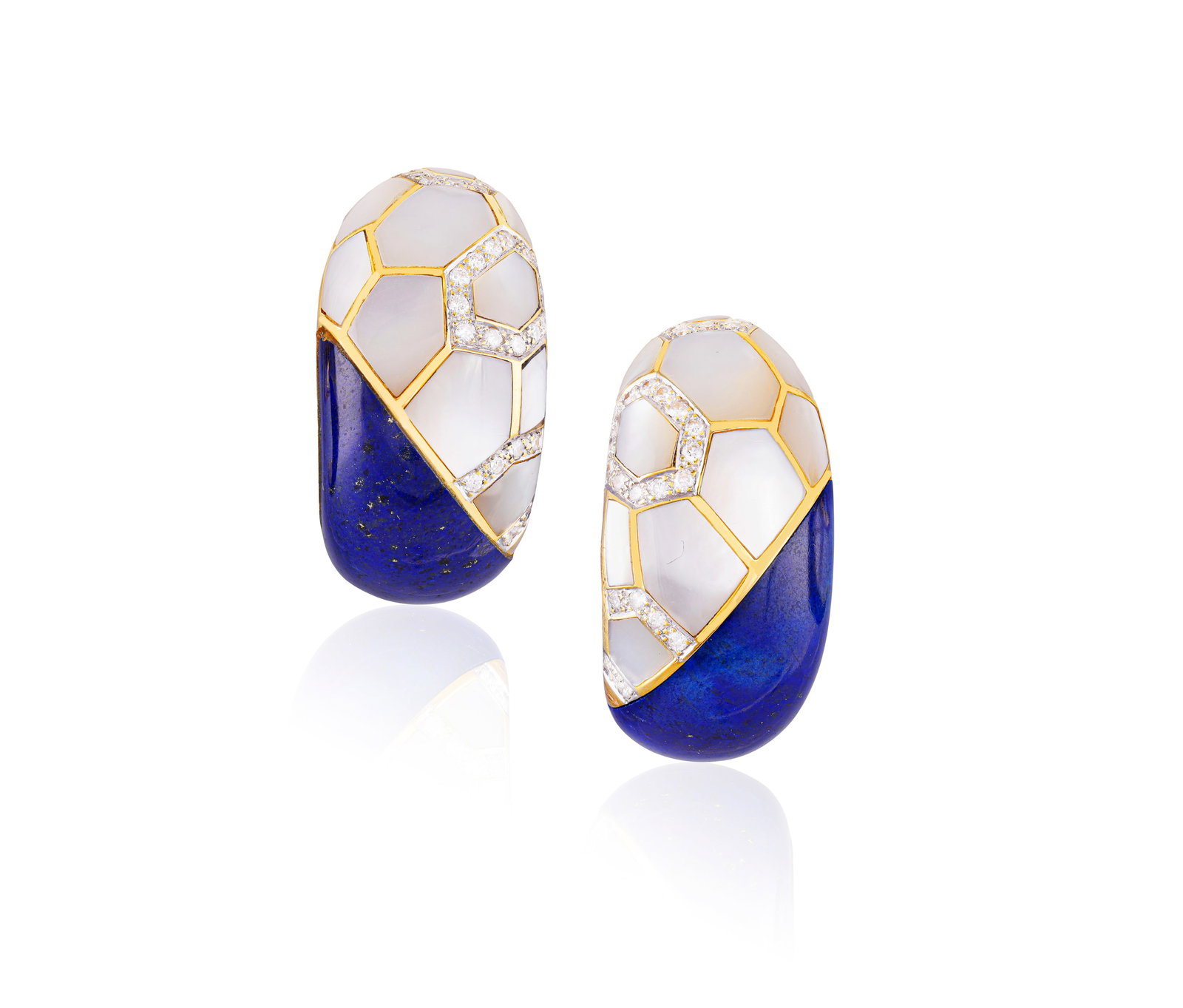 GIODORO: A PAIR OF MOTHER-OF-PEARL, LAPIS LAZULI AND DIAMOND EARRINGS Of bombé form, each: GIODORO: A PAIR OF MOTHER-OF-PEARL, LAPIS LAZULI AND DIAMOND EARRINGS Of bombé form, each upper half designed as a geometric mosaic of vari-cut mother-of-pearl panels within gold borders and accented