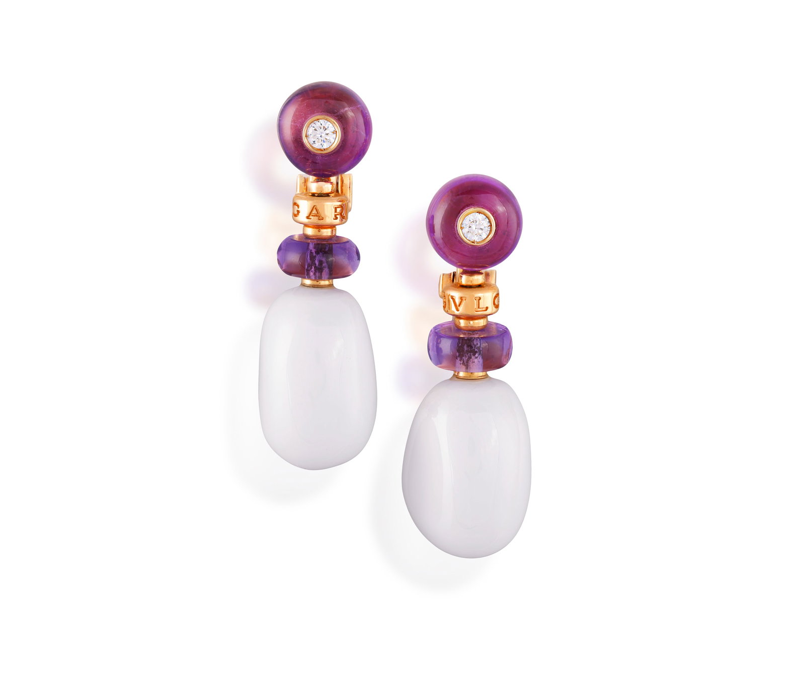 BULGARI: A PAIR OF 'MEDITERRANEAN EDEN' EARRINGS Set with polished amethysts, each inlaid with a: BULGARI: A PAIR OF 'MEDITERRANEAN EDEN' EARRINGS Set with polished amethysts, each inlaid with a brilliant-cut diamond, suspending a spinning gold disc with 'Bvlgari' inscriptions, polished amethyst a
