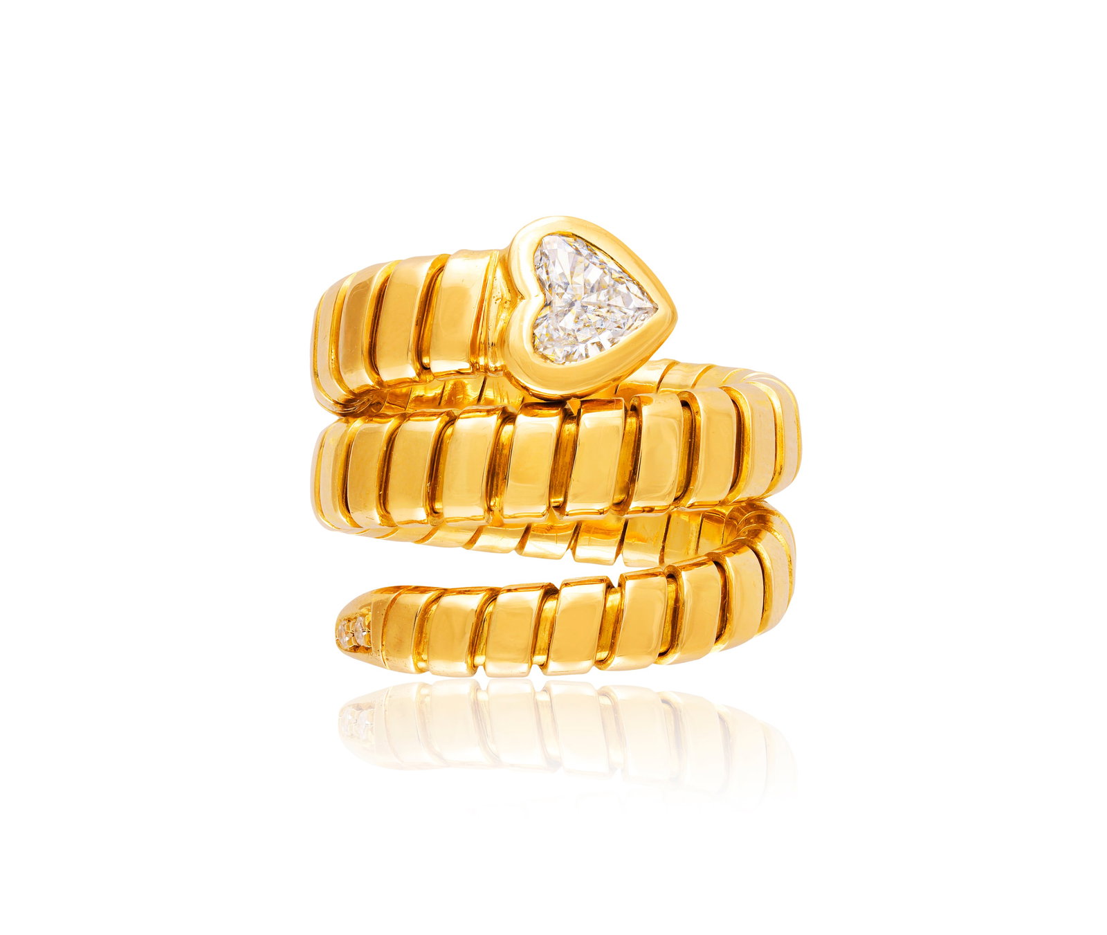 A DIAMOND TUBOGAS SNAKE RING Composed of a gold sprung gas-pipe link hoop, terminating in a: A DIAMOND TUBOGAS SNAKE RING Composed of a gold sprung gas-pipe link hoop, terminating in a collet-set heart-shaped diamond head, the tail accented with single-cut diamonds, mounted in 18K gold, princ