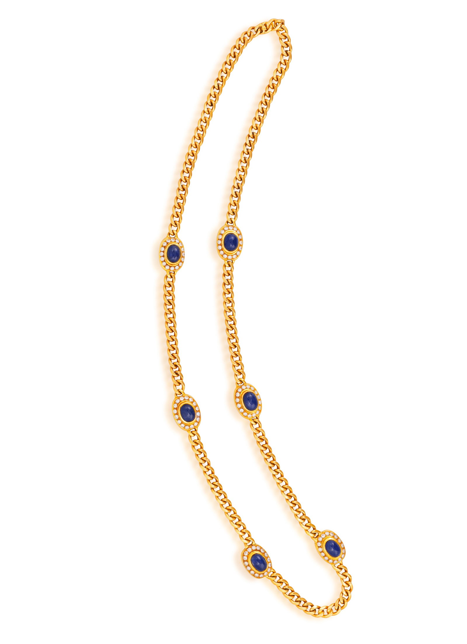 A SAPPHIRE AND DIAMOND LONG CHAIN NECKLACE The curb-link chain interspersed by six links centring (1 of 4)