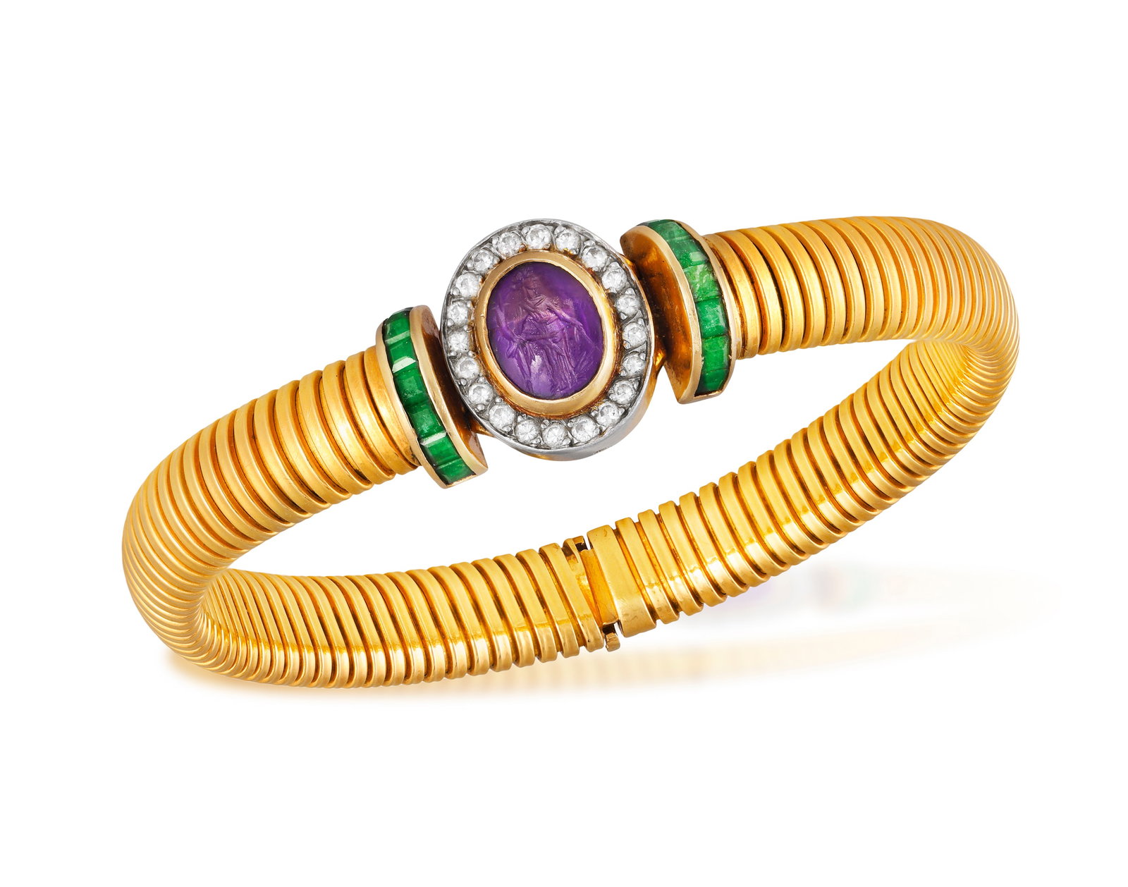 AN AMETHYST, EMERALD AND DIAMOND BRACELET Of tubogas design, the gas-pipe links centring an (1 of 5)