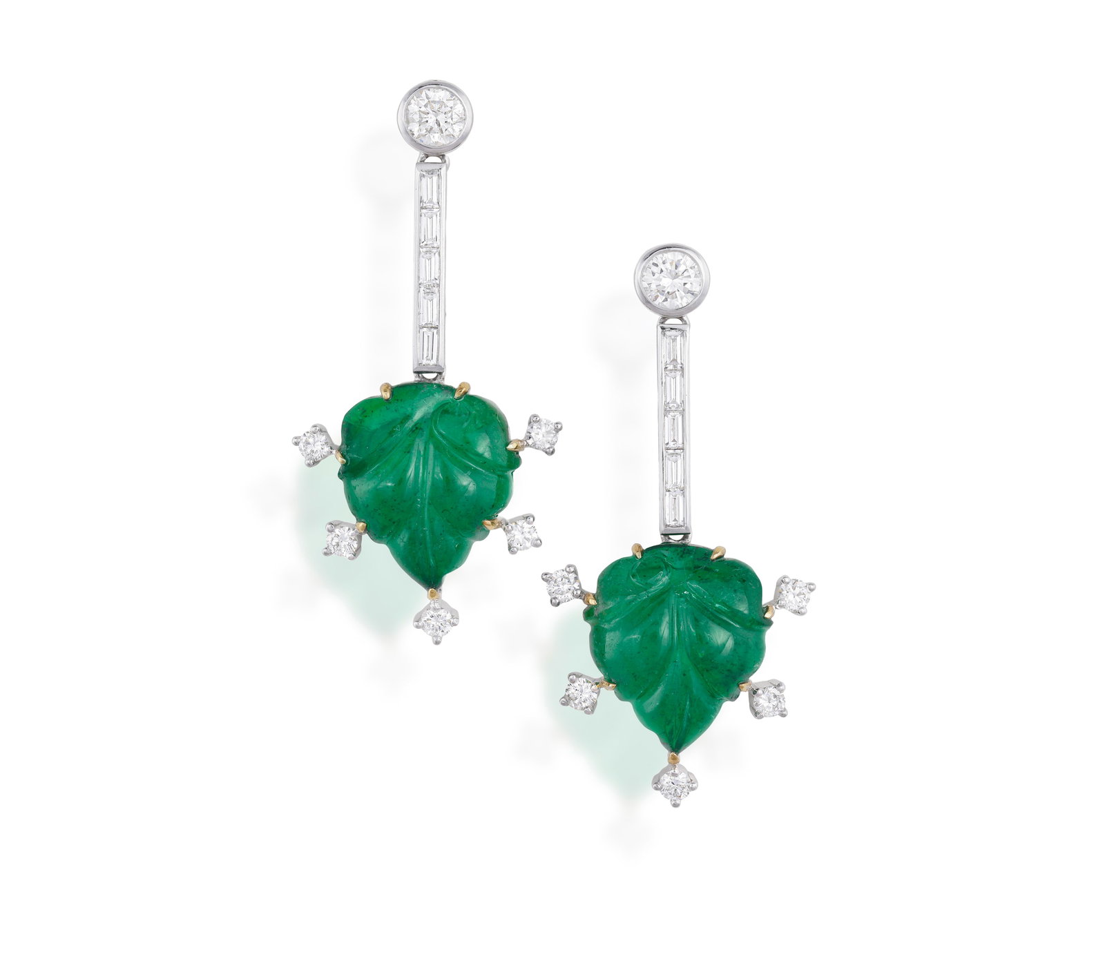 A PAIR OF EMERALD AND DIAMOND EARRINGS Each collet-set brilliant and baguette-cut diamond surmount, (1 of 3)