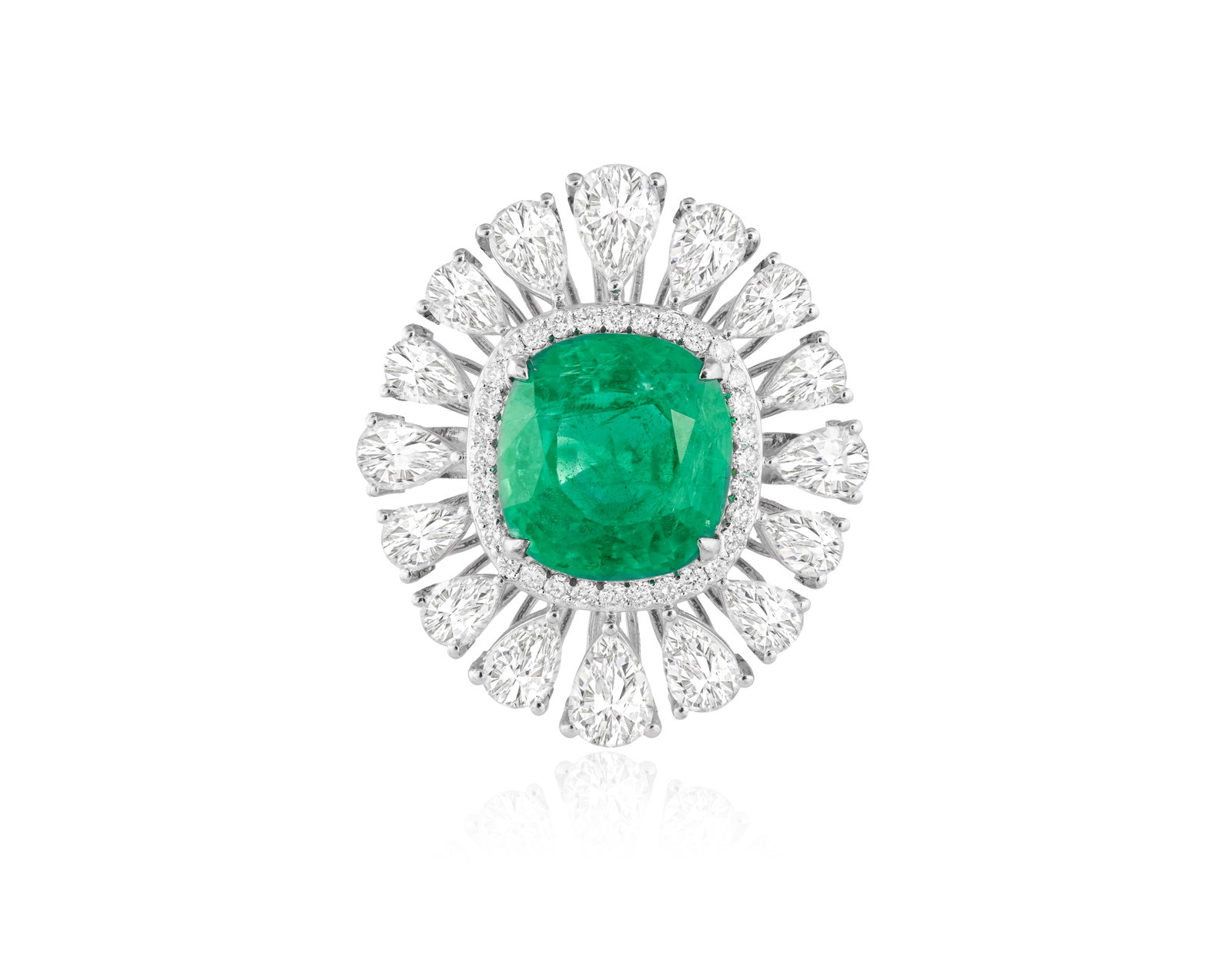 AN EMERALD AND DIAMOND DRESS RING Centring a cushion-shaped emerald within a four-claw setting,: AN EMERALD AND DIAMOND DRESS RING Centring a cushion-shaped emerald within a four-claw setting, within a brilliant-cut and pear-shaped diamond frame, mounted in 18K gold, ring size N Accompanied by a 