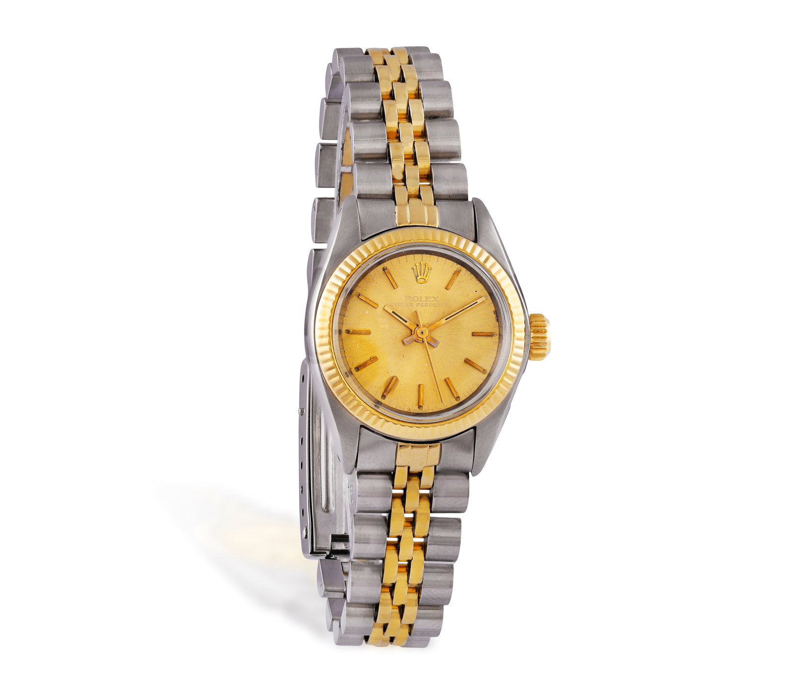 ROLEX: A LADY'S STAINLESS STEEL AND GOLD 'OYSTER' WATCH, CIRCA 1978 18-jewel Cal-2030 automatic: ROLEX: A LADY'S STAINLESS STEEL AND GOLD 'OYSTER' WATCH, CIRCA 1978 18-jewel Cal-2030 automatic movement, the circular sunburst champagne dial with applied baton markers, luminous hands, stainless ste