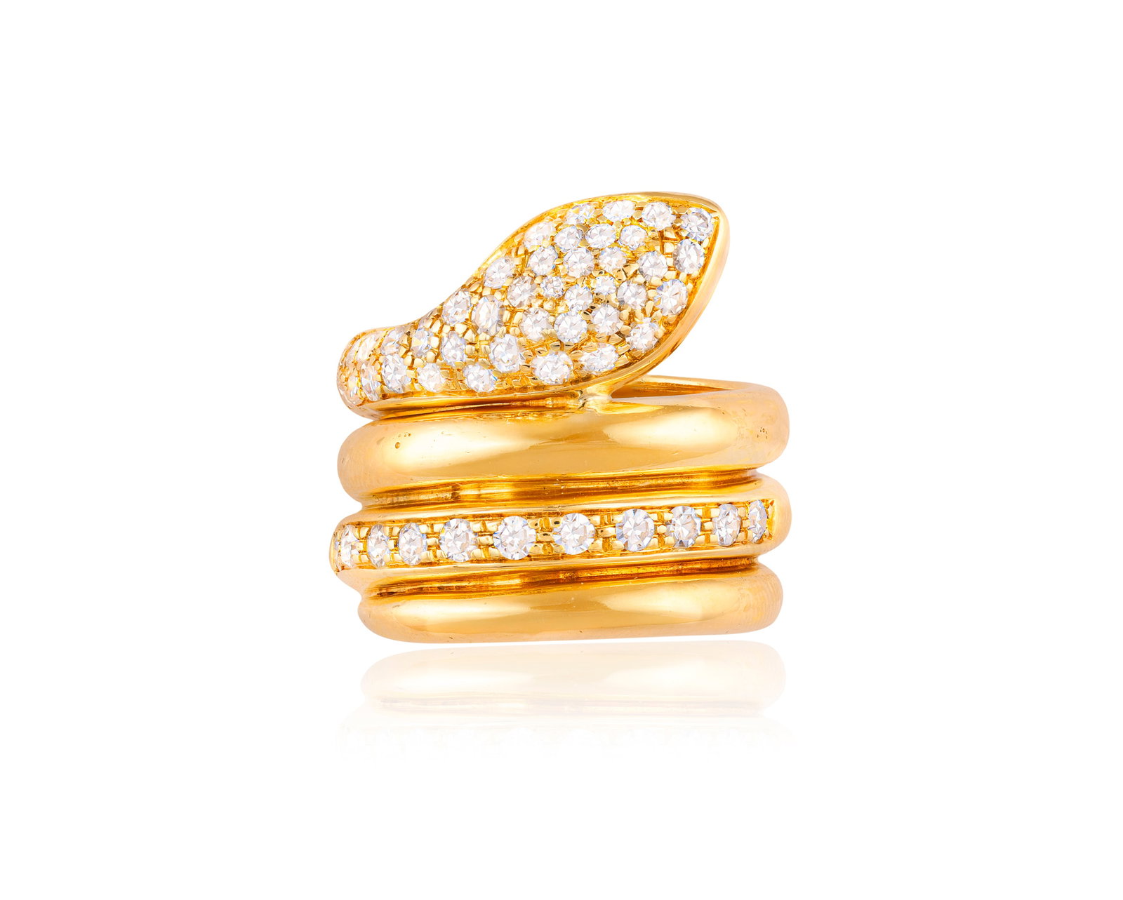 A DIAMOND SERPENT RING Designed as a coiled snake, the head pavé-set with single-cut diamonds,: A DIAMOND SERPENT RING Designed as a coiled snake, the head pavé-set with single-cut diamonds, further highlighted by a similarly-cut diamond band, mounted in 18K gold, diamonds approximately 1.0