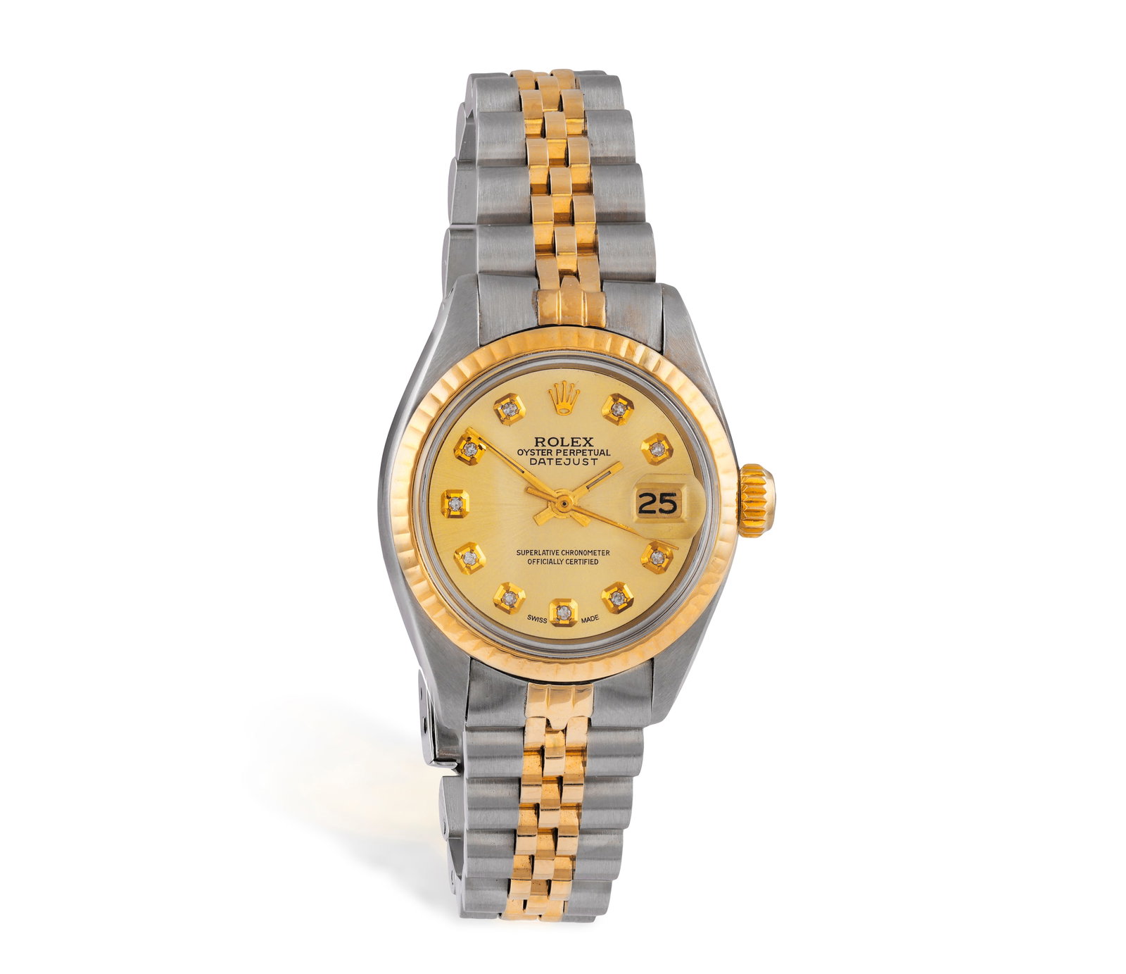 ROLEX: A LADY'S STAINLESS STEEL AND GOLD 'DATEJUST' WATCH, CIRCA 1975 18-jewel Cal-2030 automatic: ROLEX: A LADY'S STAINLESS STEEL AND GOLD 'DATEJUST' WATCH, CIRCA 1975 18-jewel Cal-2030 automatic movement, the circular sunburst champagne dial with diamond-set hour markers and magnified date apertu