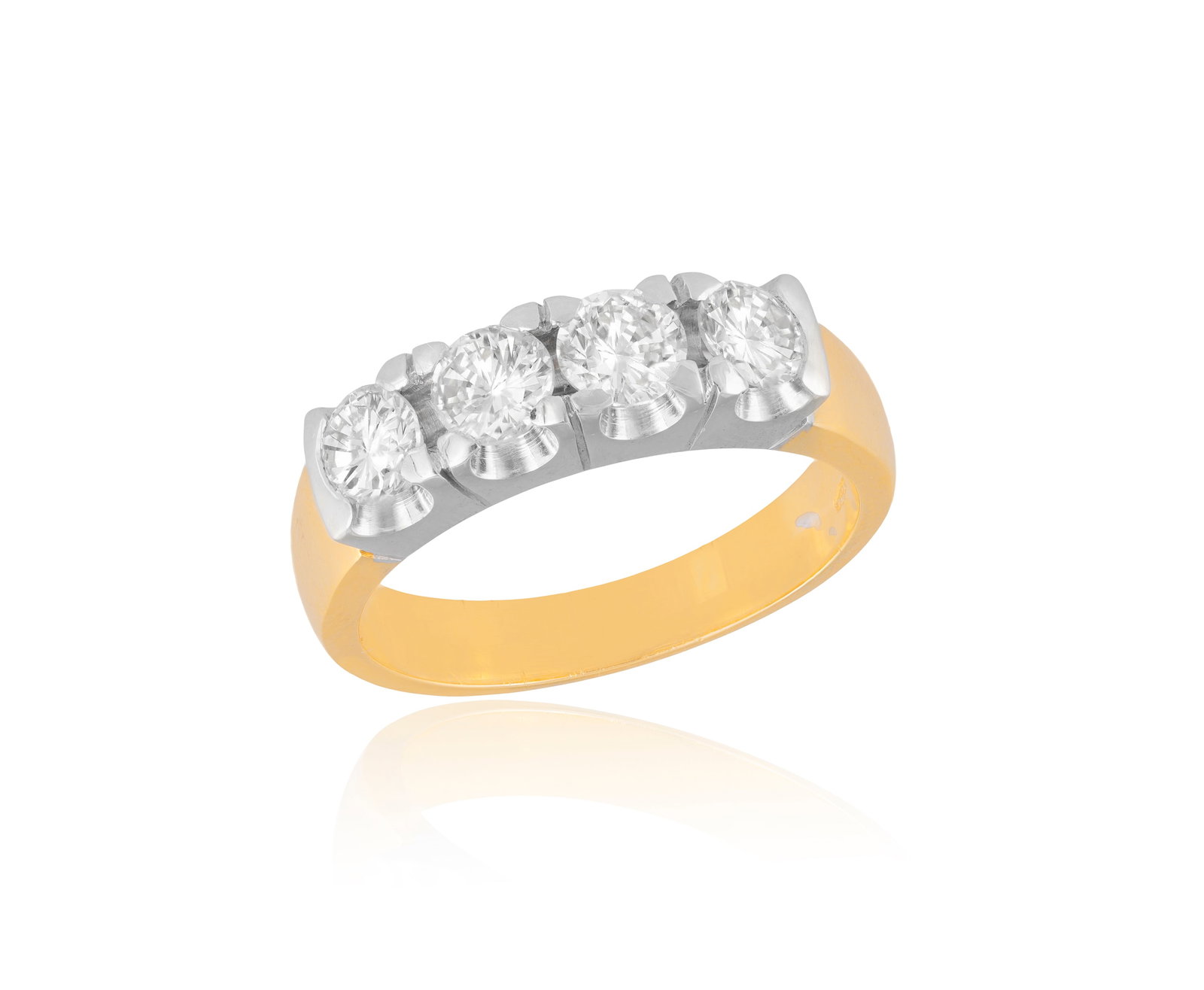 A DIAMOND FOUR-STONE RING The frontispiece set with four brilliant-cut diamonds within: A DIAMOND FOUR-STONE RING The frontispiece set with four brilliant-cut diamonds within claw-setting, to a plain hoop, mounted in 18K gold, diamonds approximately 2.20cts total, ring size R⅓