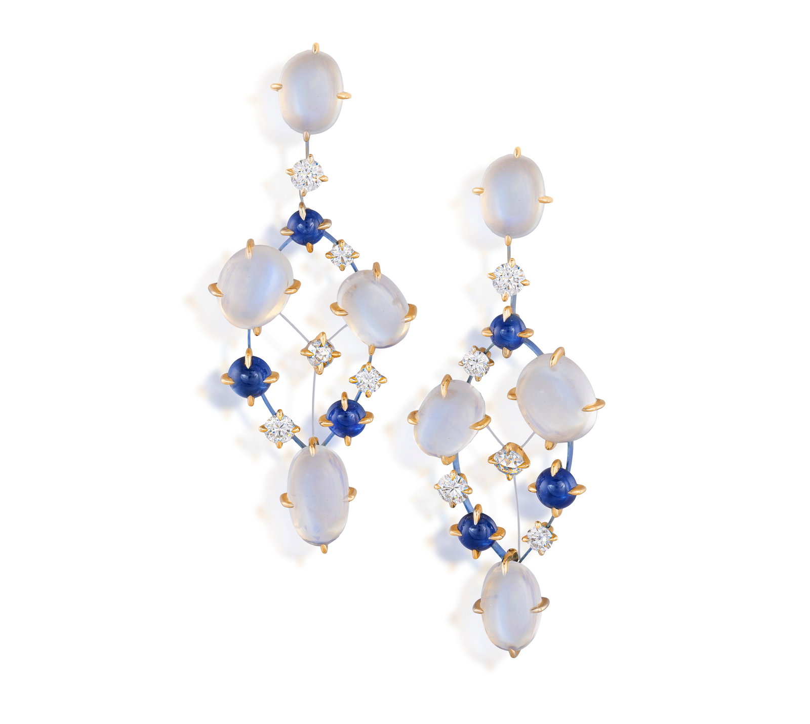 JOTHI SEROJ: A PAIR OF MOONSTONE, SAPPHIRE AND DIAMOND PENDENT EARRINGS Of openwork pendent design,: JOTHI SEROJ: A PAIR OF MOONSTONE, SAPPHIRE AND DIAMOND PENDENT EARRINGS Of openwork pendent design, set with oval-shaped moonstone cabochons and circular-cut sapphire cabochons, accented with brillian