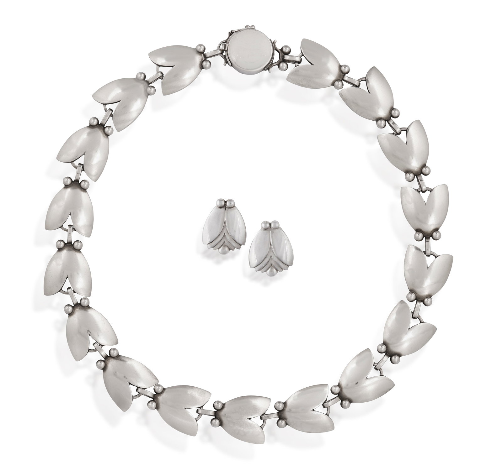 GEORG JENSEN, DESIGNED BY HARALD NIELSEN: A SILVER 'TULIP' NECKLACE WITH MATCHING EARRINGS (1 of 4)