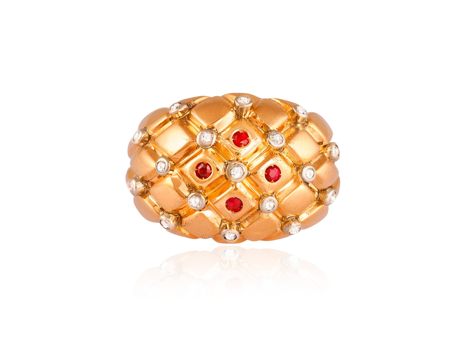 A RUBY AND DIAMOND DRESS RING Of bombé lattice design, the frontispiece set with single-cut (1 of 4)
