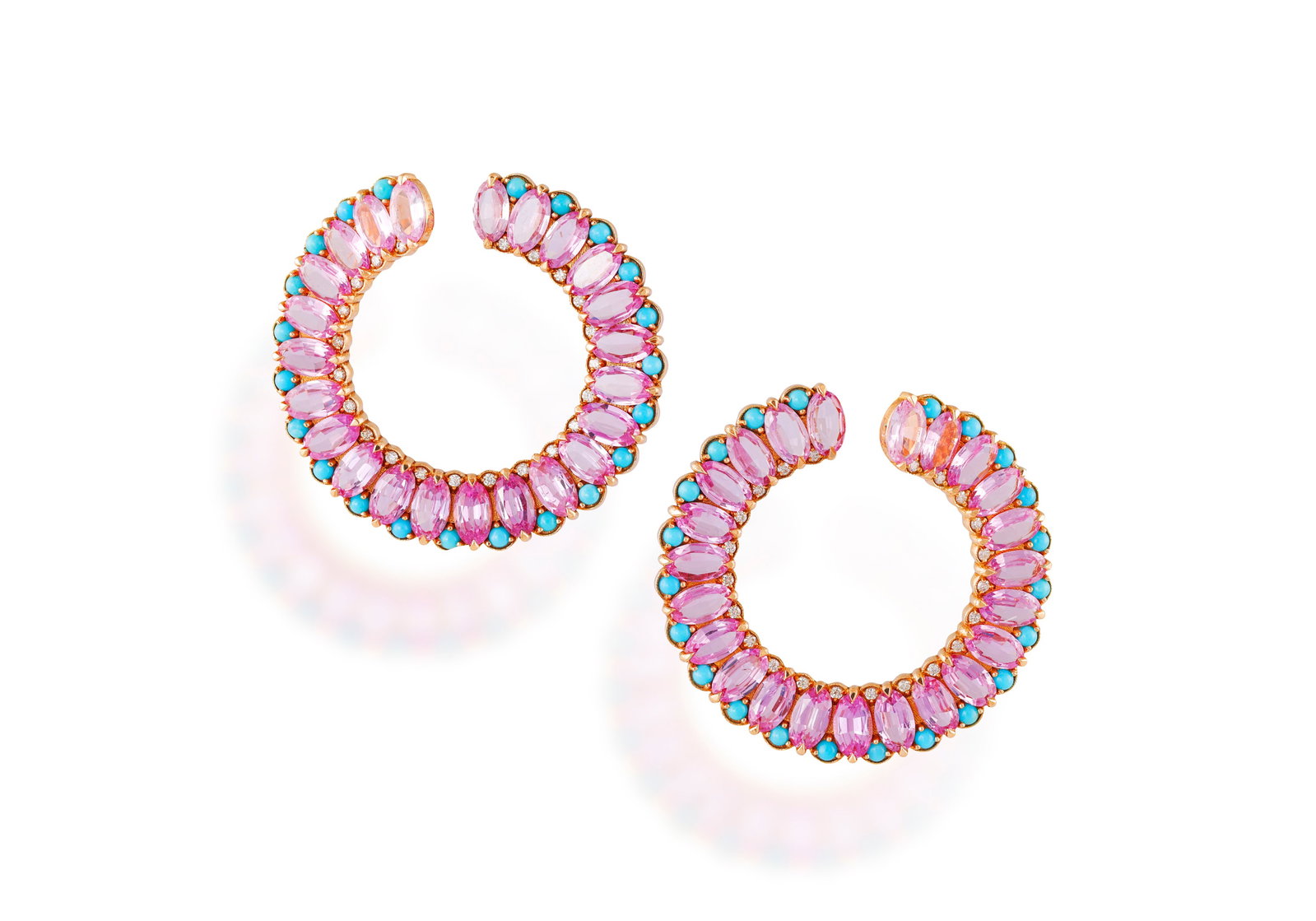 A PAIR OF SAPPHIRE, TURQUOISE AND DIAMOND HOOP EARRINGS Each set with a series of oval-shaped pink (1 of 2)