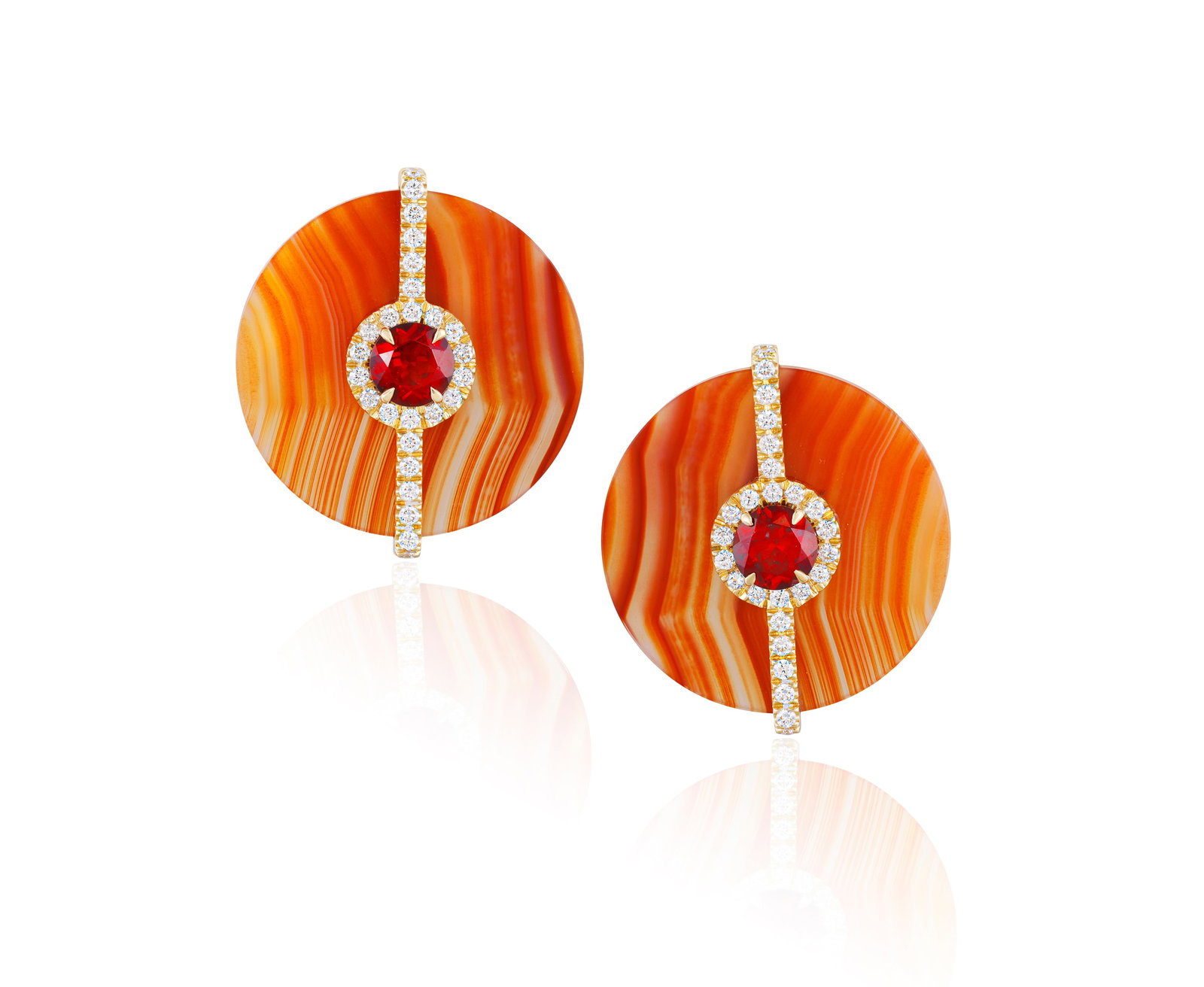 MARGHERITA BURGENER: A PAIR OF AGATE, GARNET AND DIAMOND EARRINGS Each polished circular agate (1 of 4)