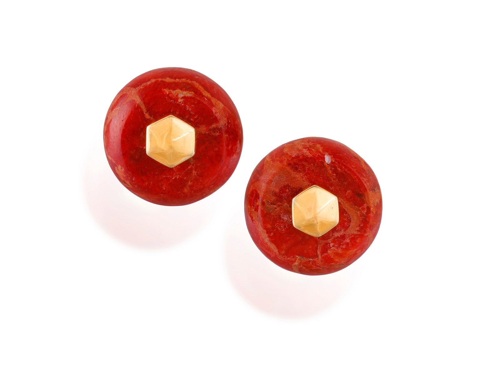 MARINA B: A PAIR OF 'PNEUS' BEAD EARRINGS Of interchangeable design, the post composed of a faceted: MARINA B: A PAIR OF 'PNEUS' BEAD EARRINGS Of interchangeable design, the post composed of a faceted screw-fitting terminal and circular disc, allowing beads to be interchanged, beads including: rhodoc