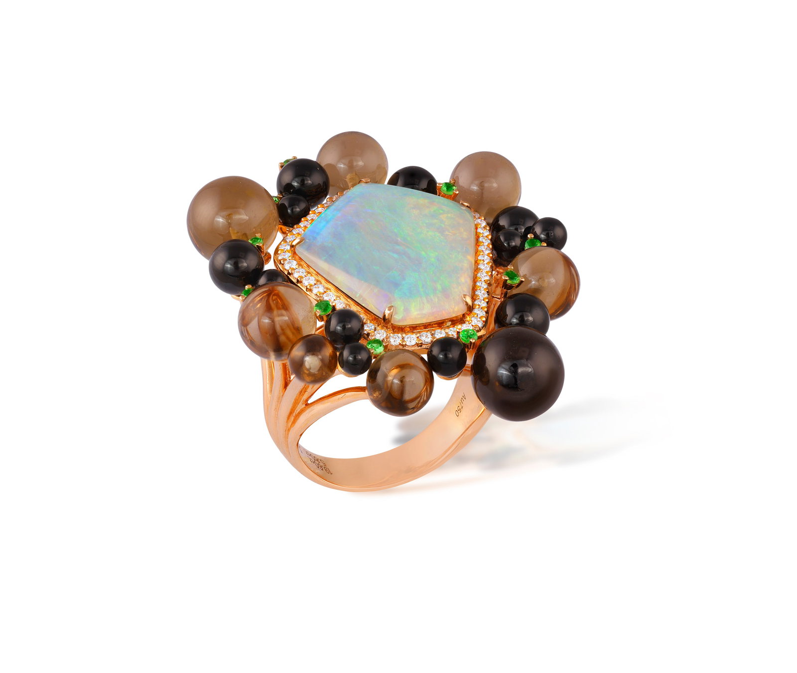 AN OPAL AND GEM-SET COCKTAIL RING Centring a freeform opal cabochon within pavé-set diamond: AN OPAL AND GEM-SET COCKTAIL RING Centring a freeform opal cabochon within pavé-set diamond surround, to a cluster border of alternating smokey quartz and onyx beads, spaced by circular-cut tsavo