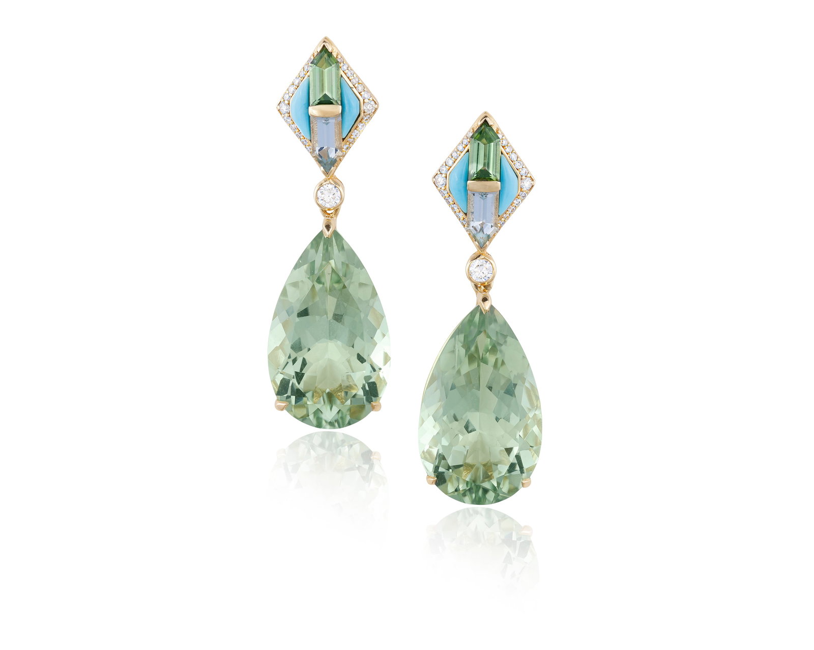 A PAIR OF GEM-SET AND DIAMOND PENDENT EARRINGS Each surmount set with a bullet-cut aquamarine and (1 of 3)
