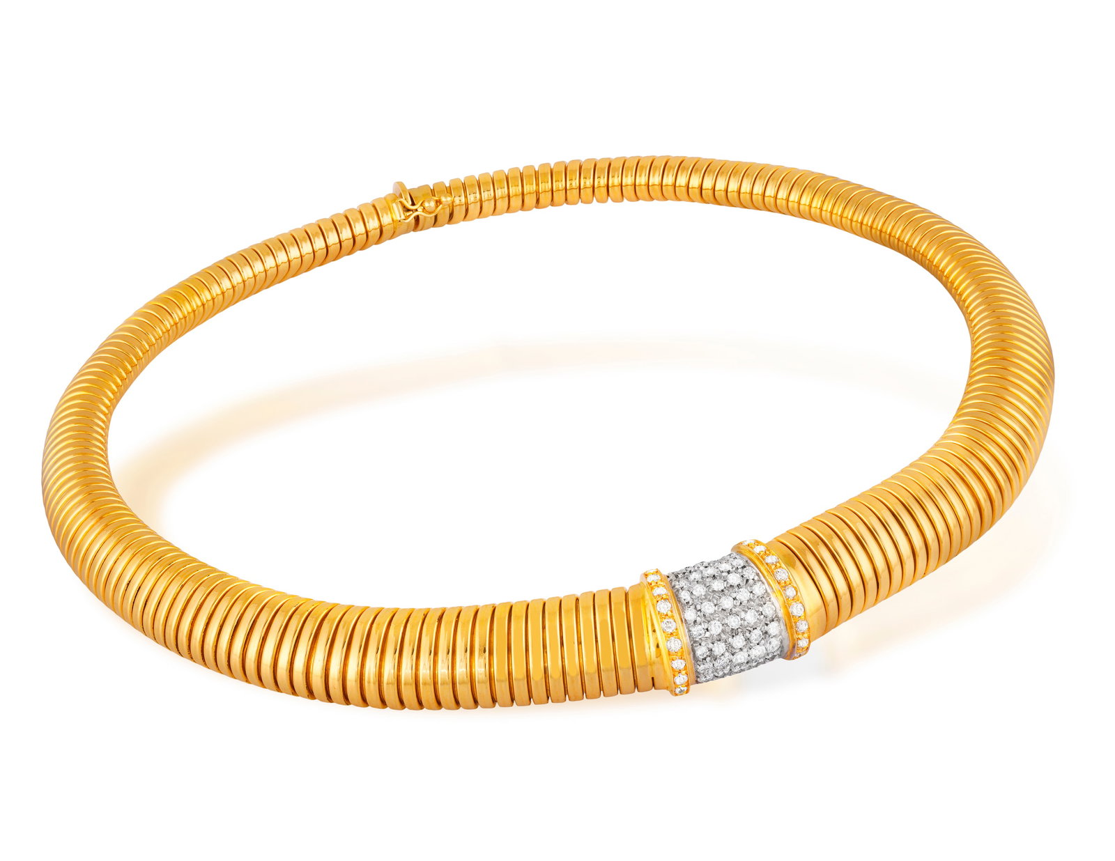 CARLO WEINGRILL: A DIAMOND ‘TUBOGAS’ NECKLACE Of Tubogas design, the tapering polished: CARLO WEINGRILL: A DIAMOND ‘TUBOGAS’ NECKLACE Of Tubogas design, the tapering polished gold gas-pipe links, centring a rectangular panel pavé-set with brilliant-cut diamonds between s