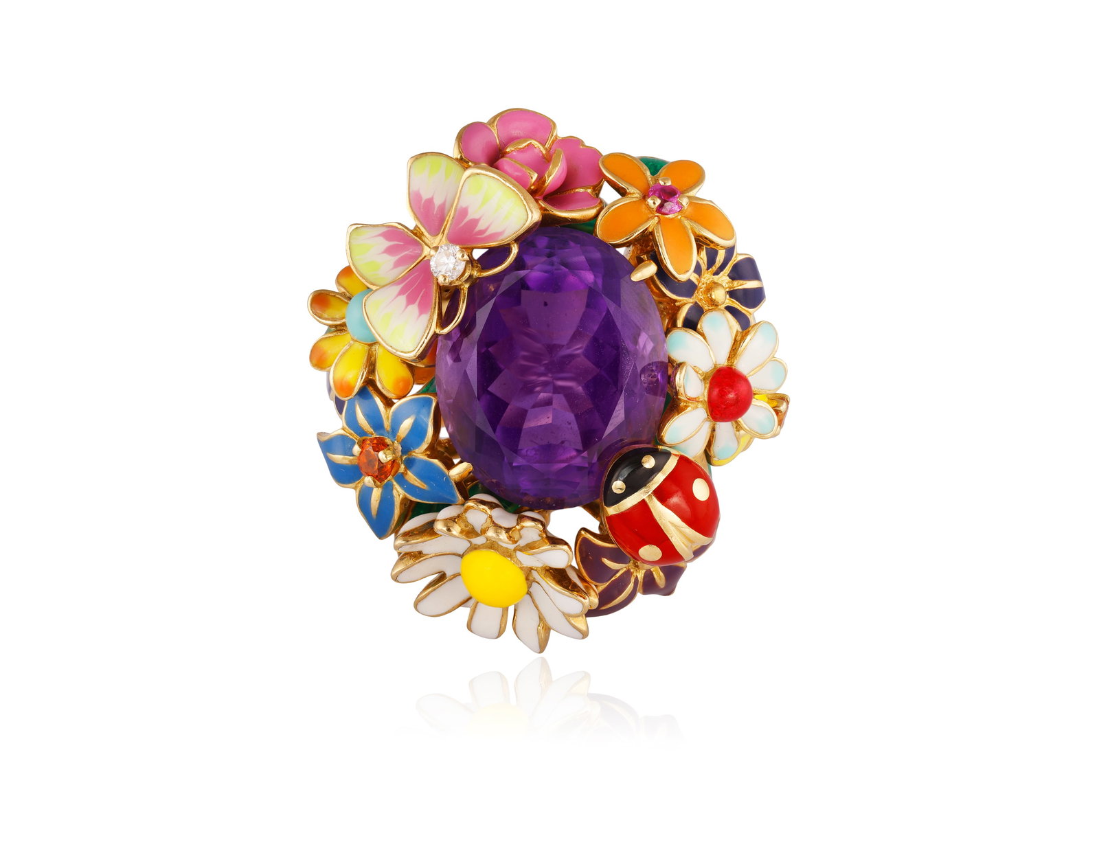 DIOR: AN AMETHYST, ENAMEL AND GEM-SET 'DIORETTE' COCKTAIL RING Designed by Victoire de Castellane: DIOR: AN AMETHYST, ENAMEL AND GEM-SET 'DIORETTE' COCKTAIL RING Designed by Victoire de Castellane The oval-shaped amethyst within a surround of polychrome enamel and gem-set insect and flower motifs, 