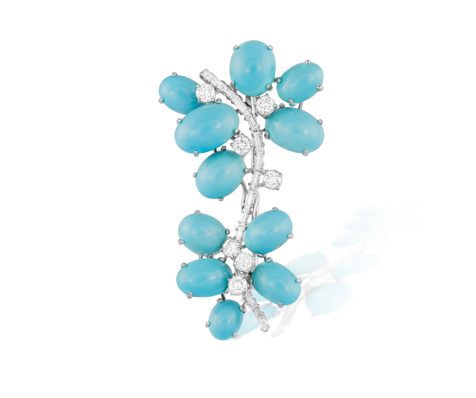 A TURQUOISE AND DIAMOND BROOCH Of foliate design, set with a series of oval-shaped turquoise: A TURQUOISE AND DIAMOND BROOCH Of foliate design, set with a series of oval-shaped turquoise cabochons, highlighted with brilliant and baguette-cut diamonds, mounted in 18K gold, diamonds approximatel