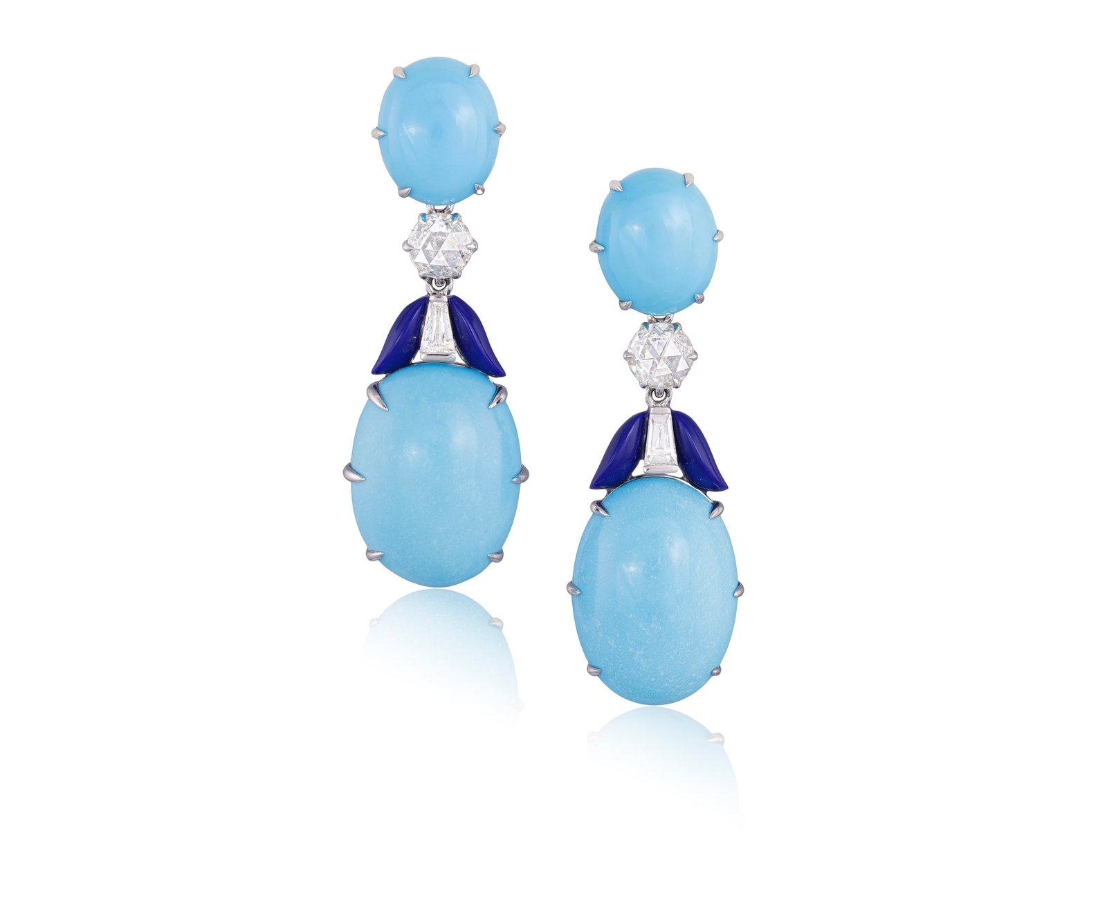 A PAIR OF TURQUOISE, LAPIS LAZULI AND DIAMOND PENDENT EARRINGS Each oval-shaped turquoise cabochon (1 of 3)