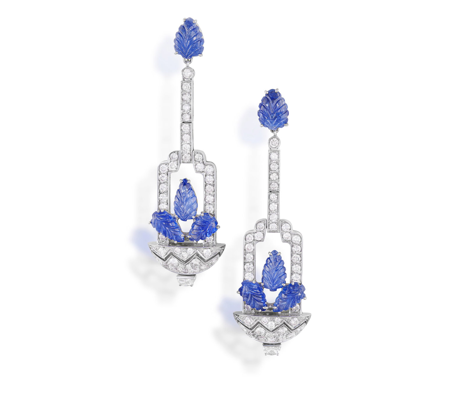 A PAIR OF SAPPHIRE AND DIAMOND PENDENT EARRINGS Of Giardinetto design, each articulated surmount (1 of 3)