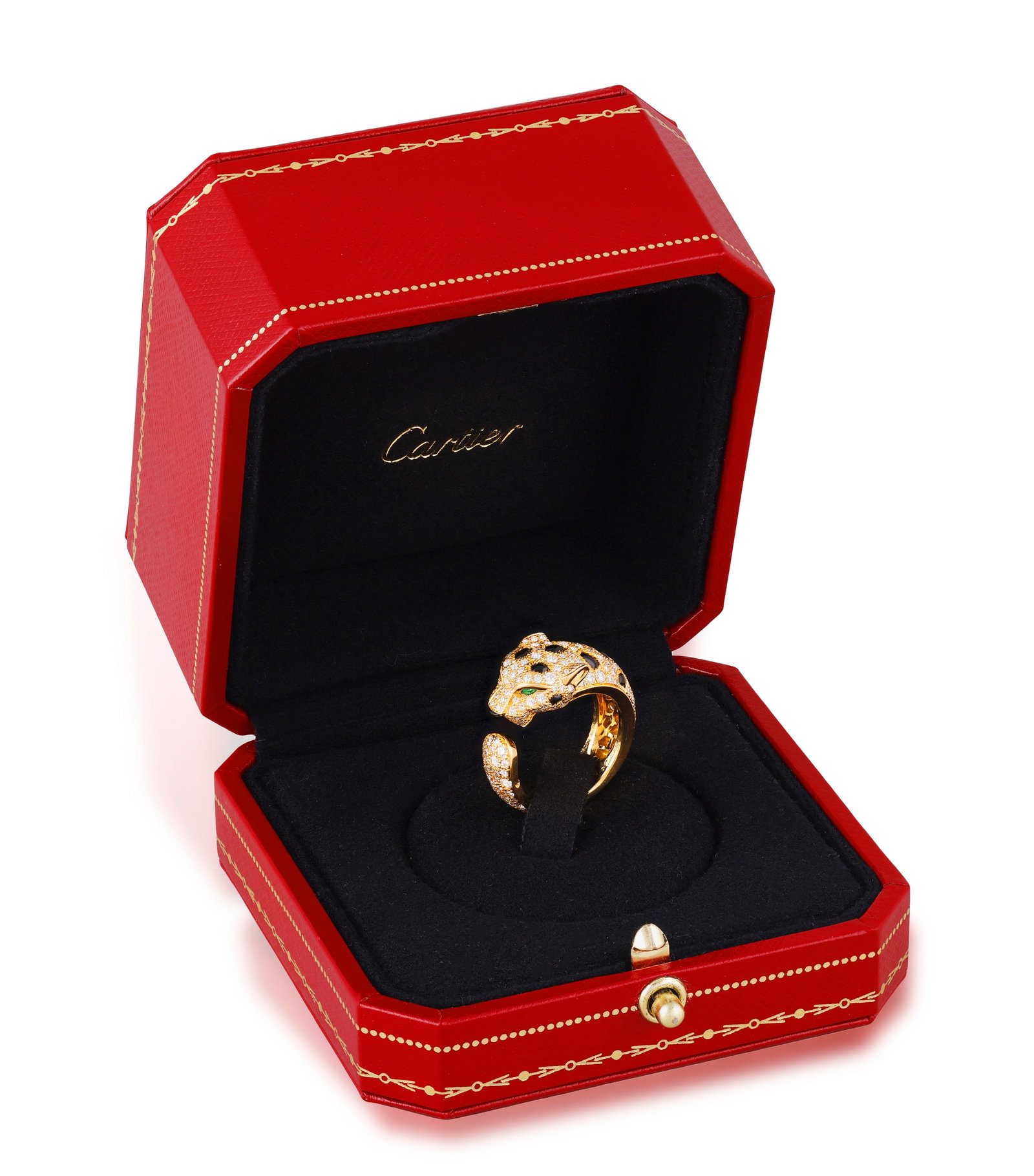 CARTIER: A DIAMOND, EMERALD AND ONYX ‘'PANTHÈRE DE CARTIER’ RING Modelled as a: CARTIER: A DIAMOND, EMERALD AND ONYX ‘'PANTHÈRE DE CARTIER’ RING Modelled as a panther, pavé-set with brilliant-cut diamonds, accented with onyx spots and nose and pear-shaped em