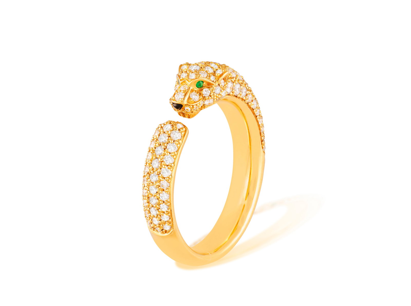 CARTIER: A DIAMOND, EMERALD AND ONYX ‘'PANTHÈRE DE CARTIER’ RING Modelled as a: CARTIER: A DIAMOND, EMERALD AND ONYX ‘'PANTHÈRE DE CARTIER’ RING Modelled as a panther, pavé-set with brilliant-cut diamonds, accented with circular-cut emerald eyes and onyx nos
