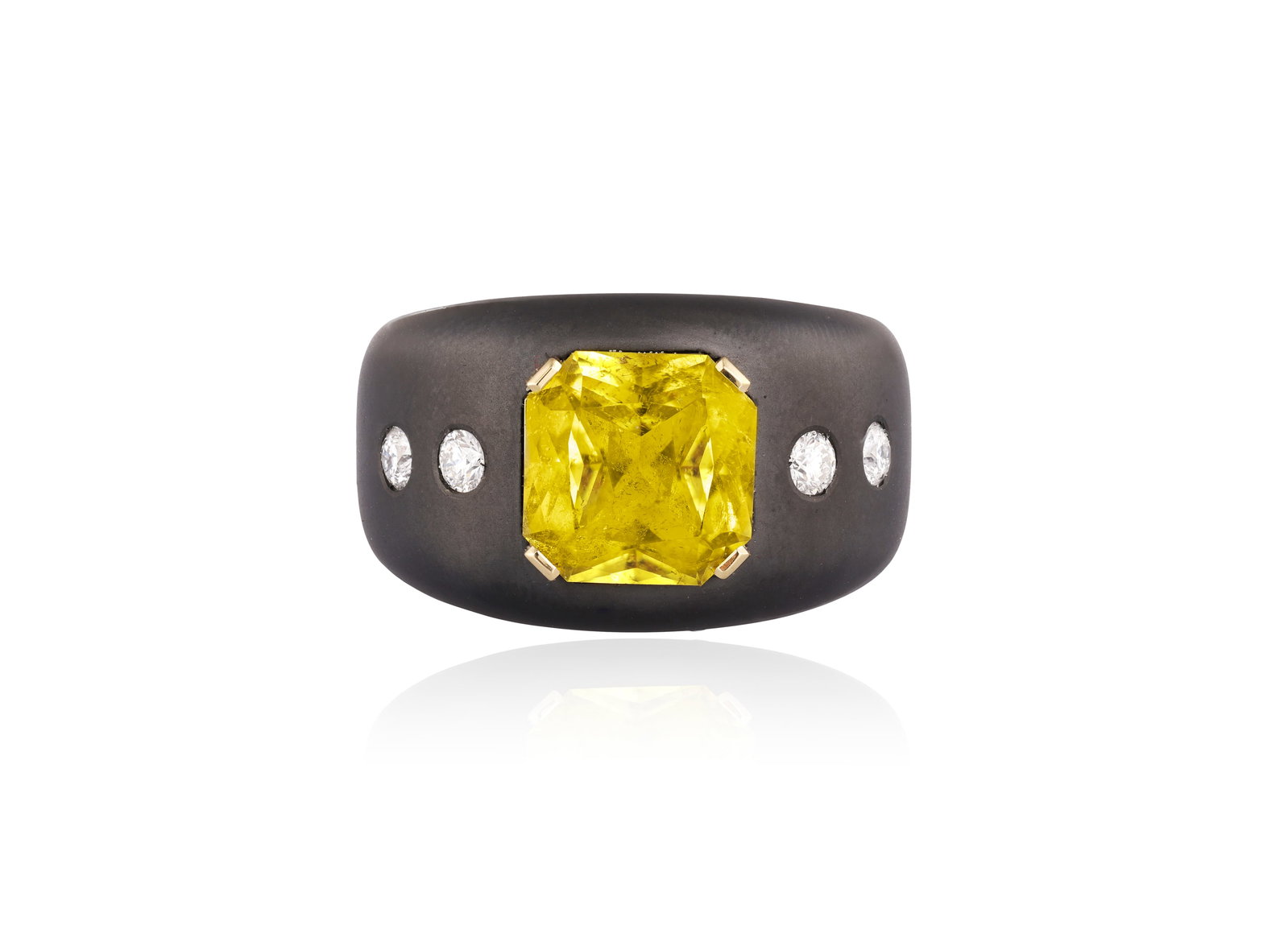 MARGHERITA BURGENER: A TOURMALINE AND DIAMOND DRESS RING Of bombé design, the square: MARGHERITA BURGENER: A TOURMALINE AND DIAMOND DRESS RING Of bombé design, the square cut-cornered yellow tourmaline weighing approx. 4.40cts, between brilliant-cut diamonds, to a polished tapered