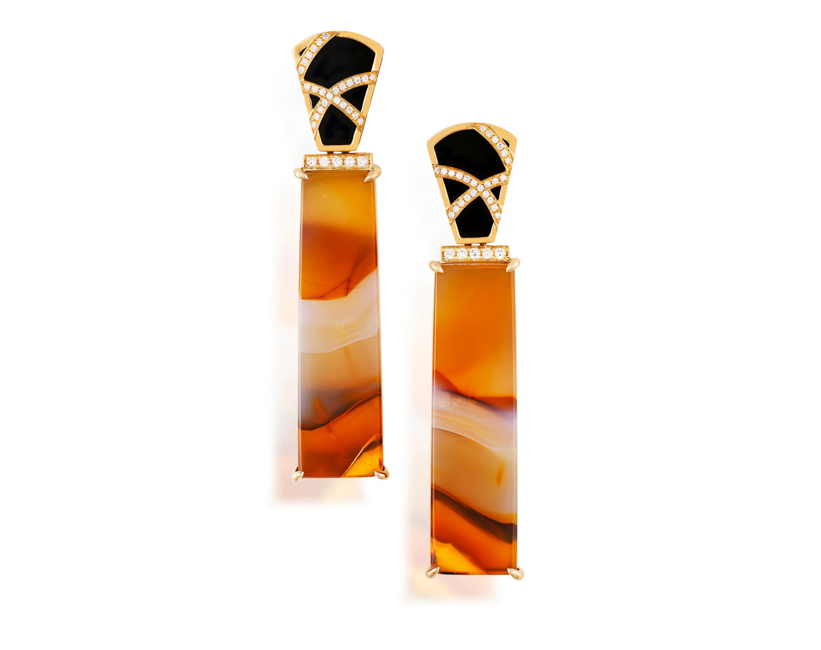 A PAIR OF AGATE, ONYX AND DIAMOND PENDENT EARRINGS Each rectangular agate bar within a four-claw: A PAIR OF AGATE, ONYX AND DIAMOND PENDENT EARRINGS Each rectangular agate bar within a four-claw setting and brilliant-cut diamond cap, suspended from a fan-shaped onyx plaque wrapped with similarly-c