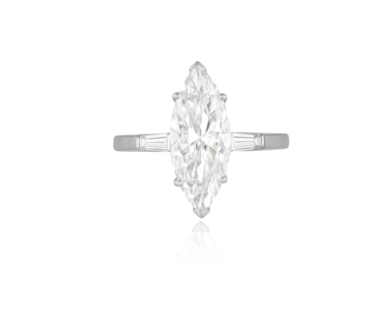 A DIAMOND SINGLE-STONE RING The marquise-shaped diamond within a six-claw setting, to tapered (1 of 4)