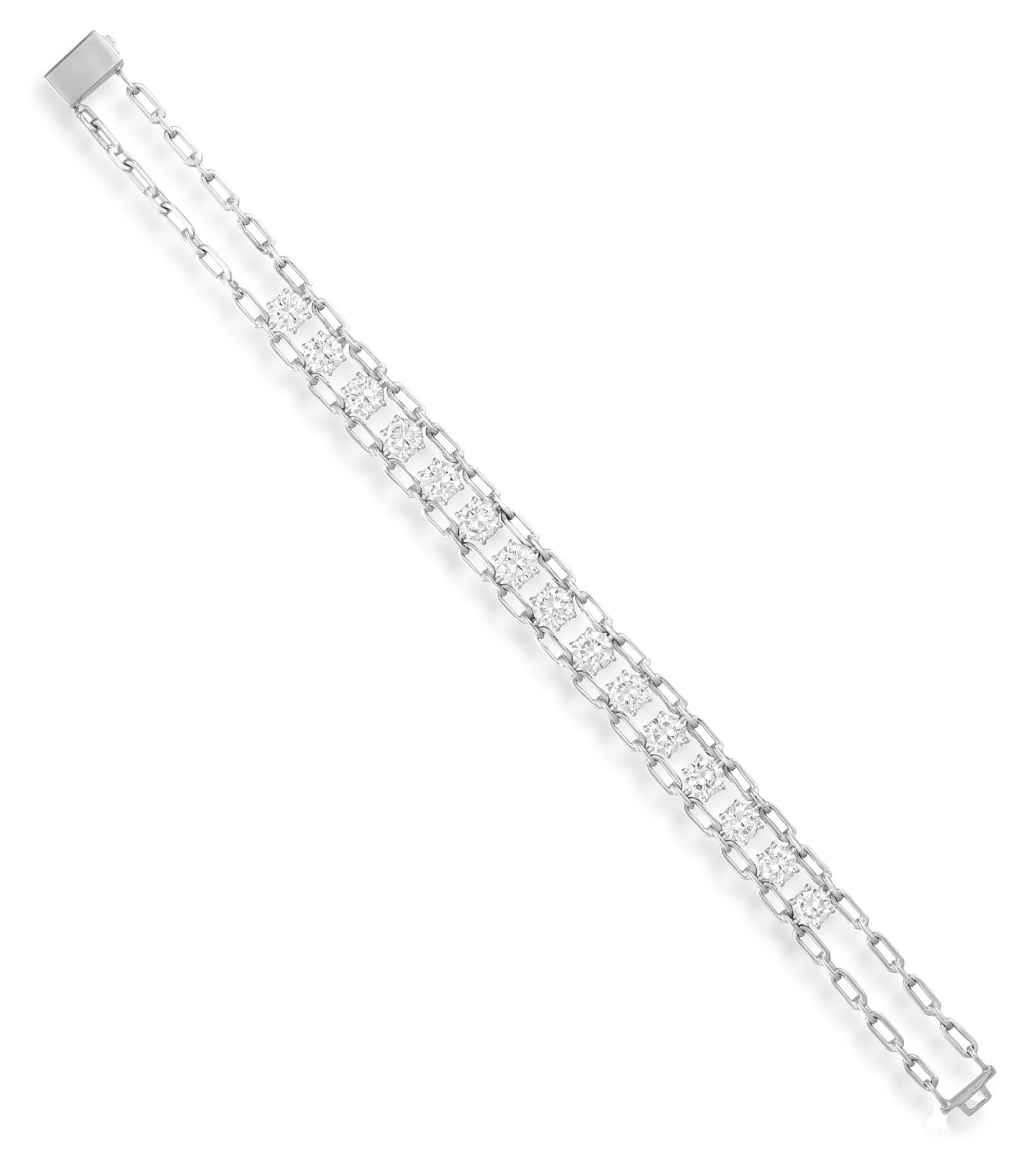 A DIAMOND CHAIN BRACELET Composed of two fancy-link chains centring a row of fifteen brilliant-cut (1 of 4)