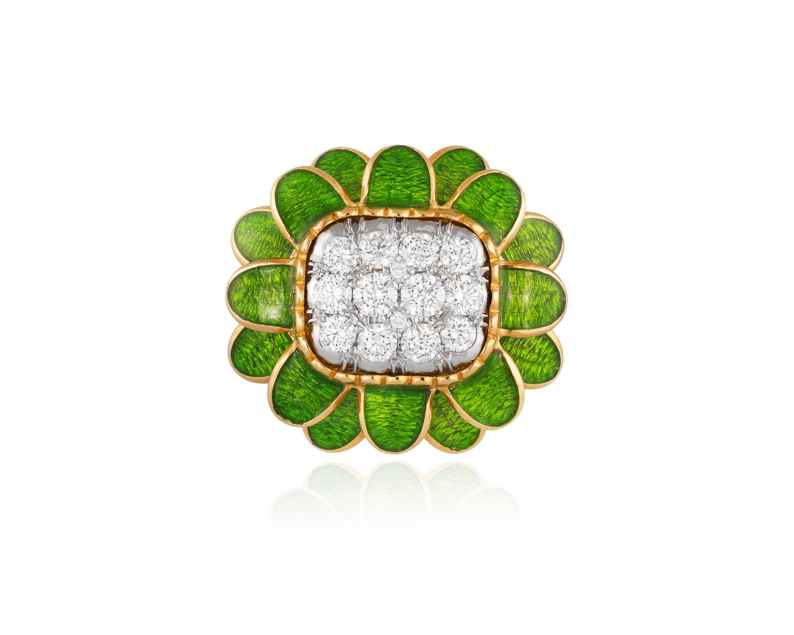 AN ENAMEL AND DIAMOND RING Of stylised flowerhead design, the centre pavé-set with: AN ENAMEL AND DIAMOND RING Of stylised flowerhead design, the centre pavé-set with brilliant-cut diamonds within a gold scalloped frame, the petals and shoulders decorated with green enamel, mounted 