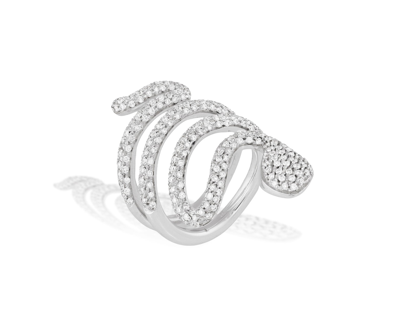 A DIAMOND SNAKE RING Designed as a coiled serpent, pavé-set with brilliant-cut diamonds, to: A DIAMOND SNAKE RING Designed as a coiled serpent, pavé-set with brilliant-cut diamonds, to double polished bands, mounted in 18K gold, diamonds approximately 1.40cts total, ring size L½