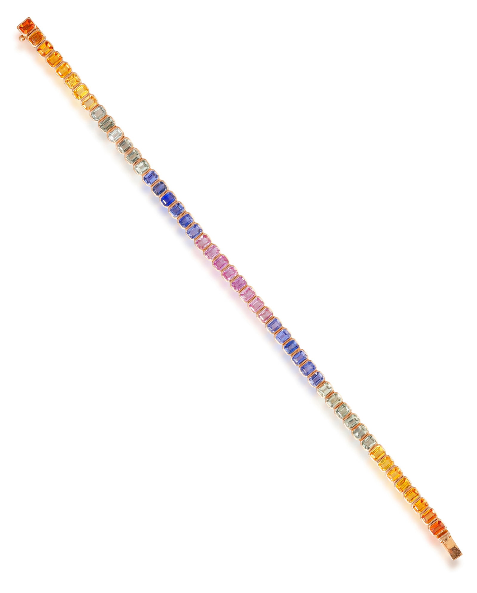 A MULTI-COLOURED SAPPHIRE BRACELET The single line collet-set with rectangular-cut green, pink,: A MULTI-COLOURED SAPPHIRE BRACELET The single line collet-set with rectangular-cut green, pink, orange, yellow and blue sapphires, mounted in 18K gold, Italian registry mark, sapphires approximately 1